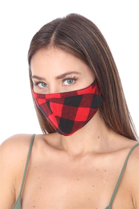 FASHION MASK 101 featuring a red and black plaid design, double-layer construction, and contoured sides for a comfortable fit.