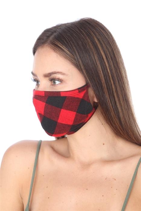 FASHION MASK 101 featuring a red and black plaid design, double-layer construction, and contoured sides for a comfortable fit.