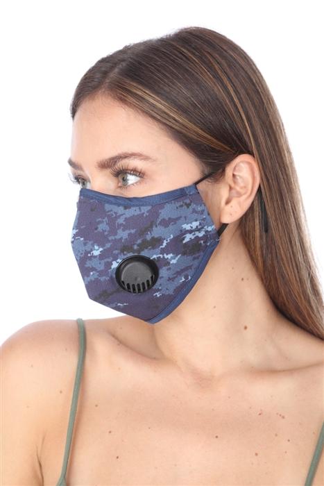 Navy multi print filter face mask with adjustable straps, made of 100% cotton, designed for comfort and safety.