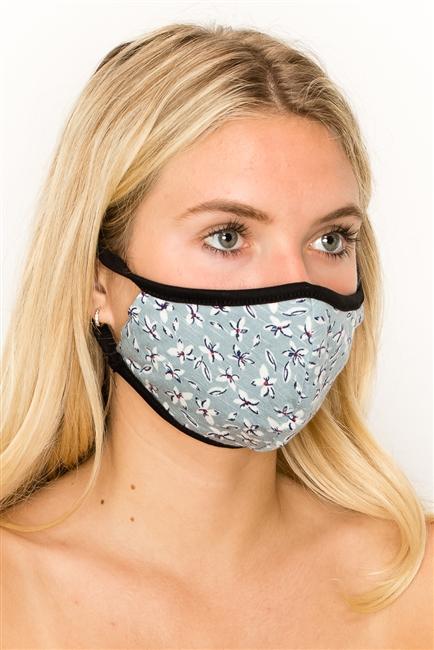 Floral double layer contoured face mask in blue, featuring clean folded edging and a stylish design.