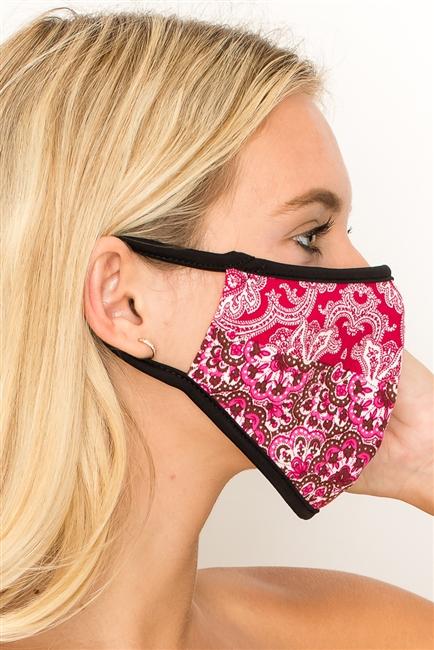 Paisley print double layer contoured face mask with clean folded edging, made in the USA, packaged in zip lock bags.