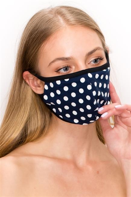 Navy polka dot print double layer face mask with clean folded side edging, made in the USA.