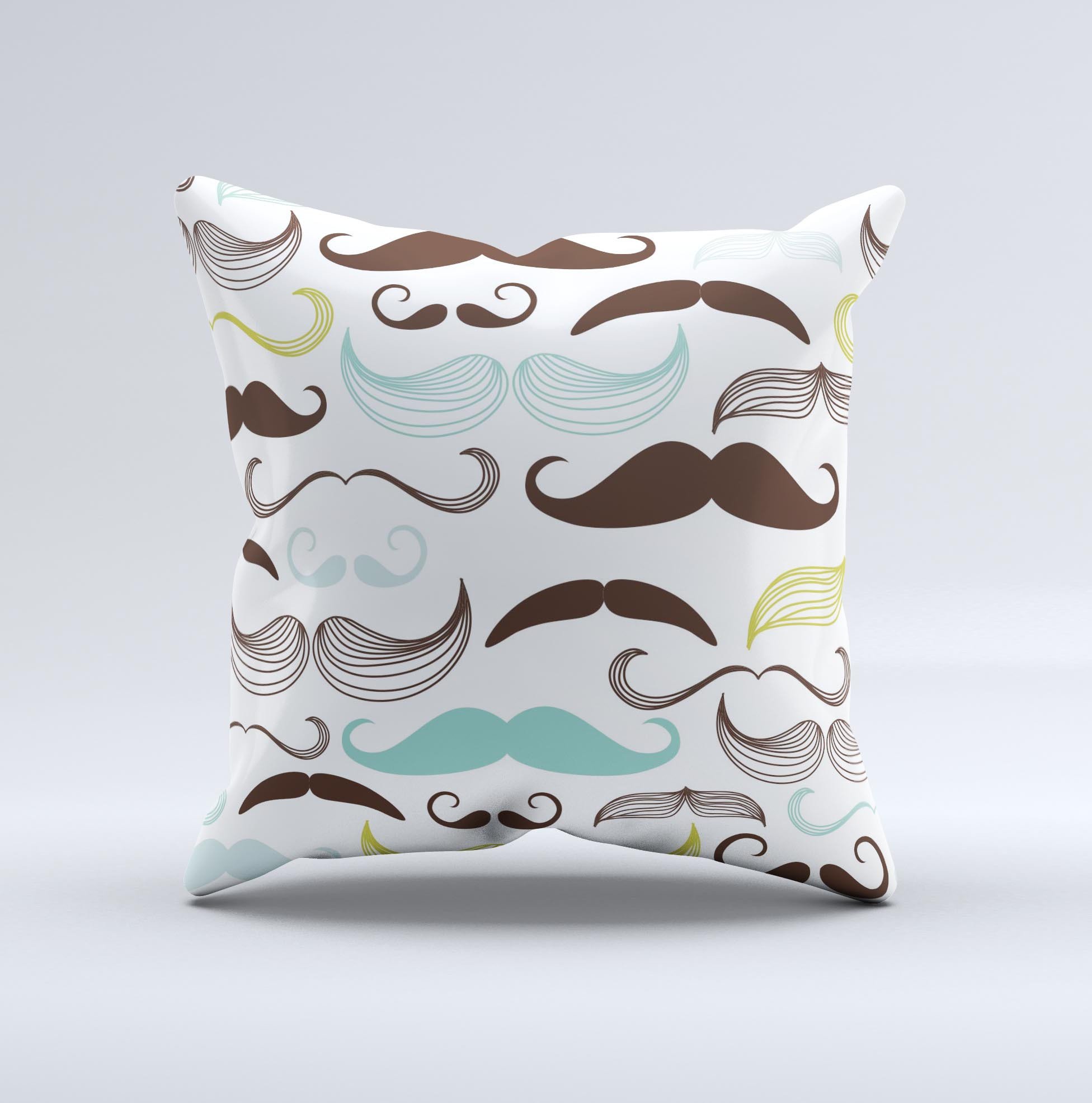 Fashion Mustache Variety Throw Pillow featuring unique mustache designs on a white background, handmade in Virginia.