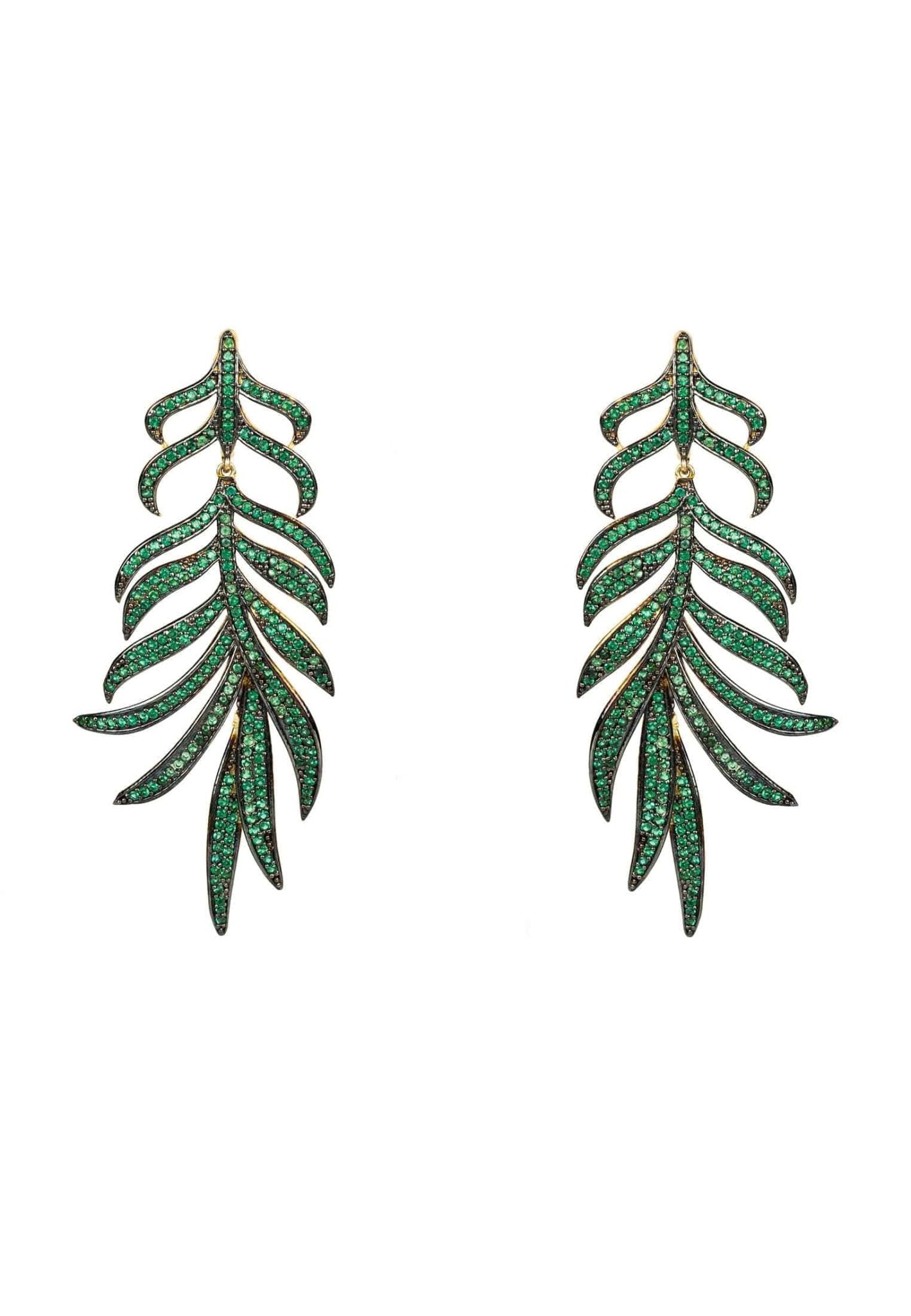 Elegant Feathered Leaf Statement Drop Earrings featuring green cubic zirconia, crafted from sterling silver and dipped in gold.