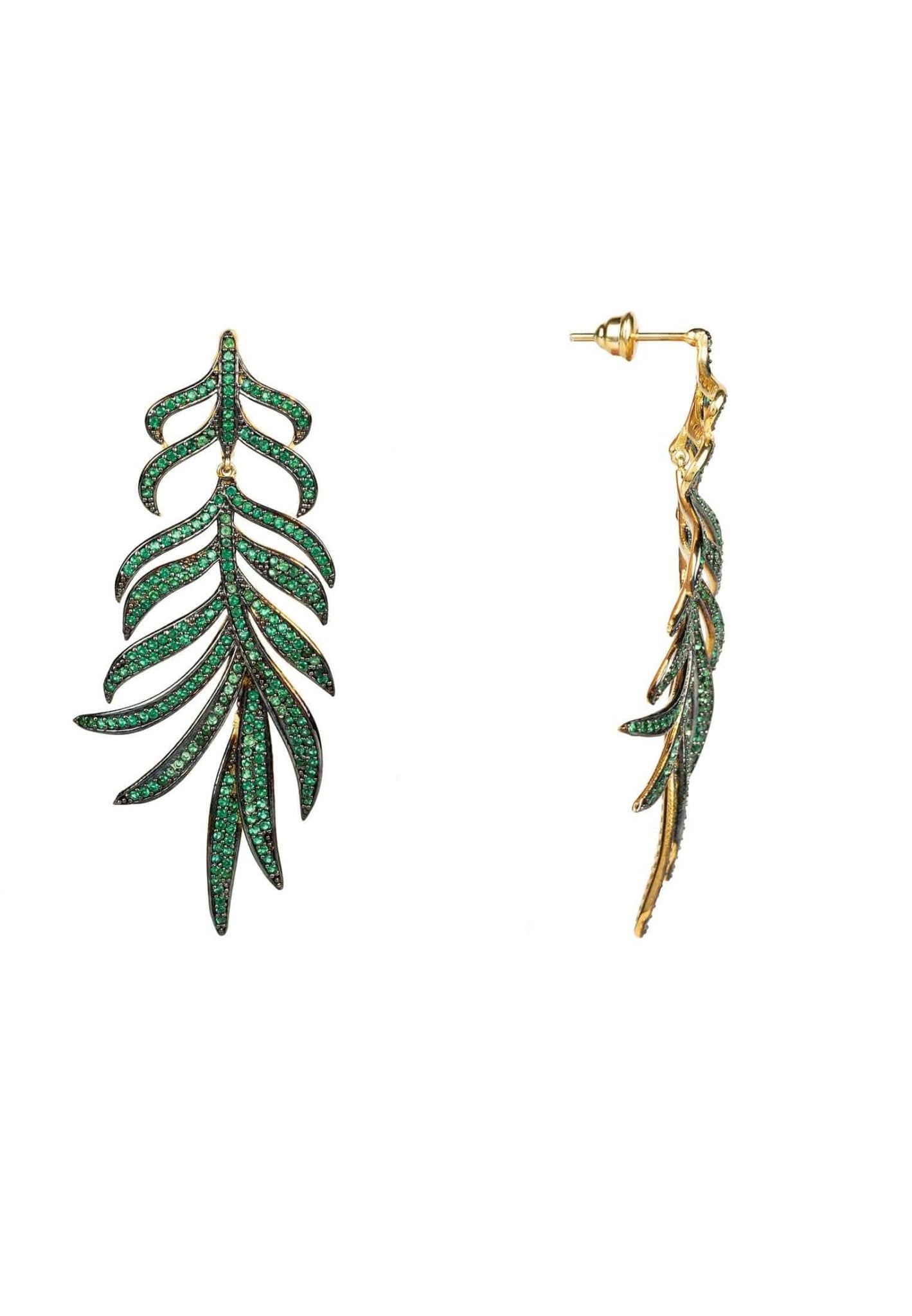 Elegant Feathered Leaf Statement Drop Earrings featuring green cubic zirconia, crafted from sterling silver and dipped in gold.