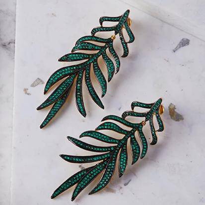 Elegant Feathered Leaf Statement Drop Earrings featuring green cubic zirconia, crafted from sterling silver and dipped in gold.