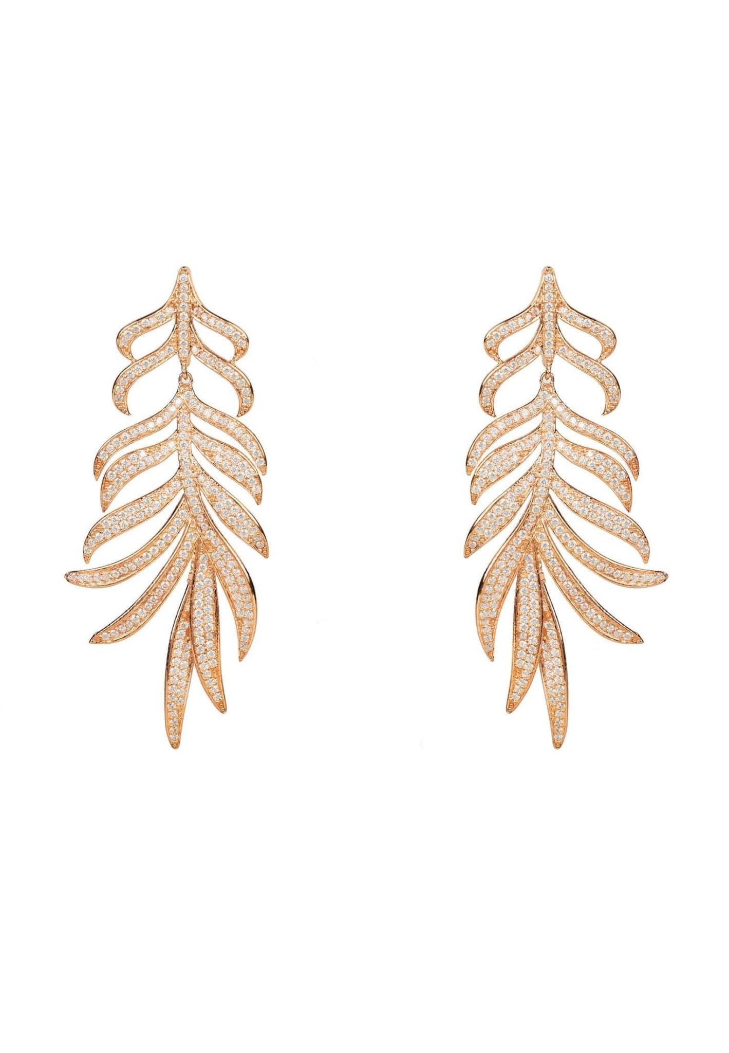 Elegant Feathered Leaf Statement Drop Earrings in rosegold, featuring sparkling cubic zirconia and a nature-inspired design.