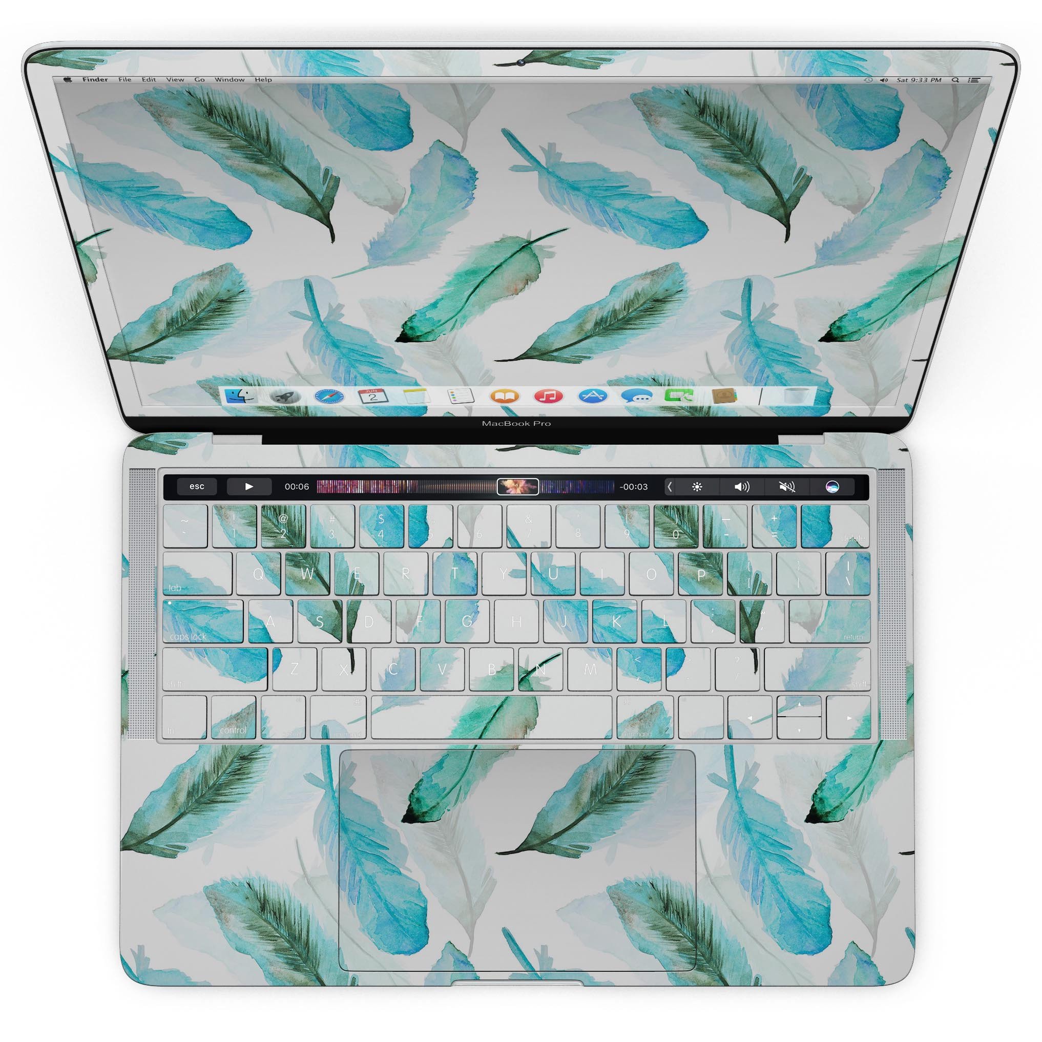 Feathery Watercolor skin applied to a MacBook Pro with Touch Bar, showcasing vibrant colors and a sleek design.