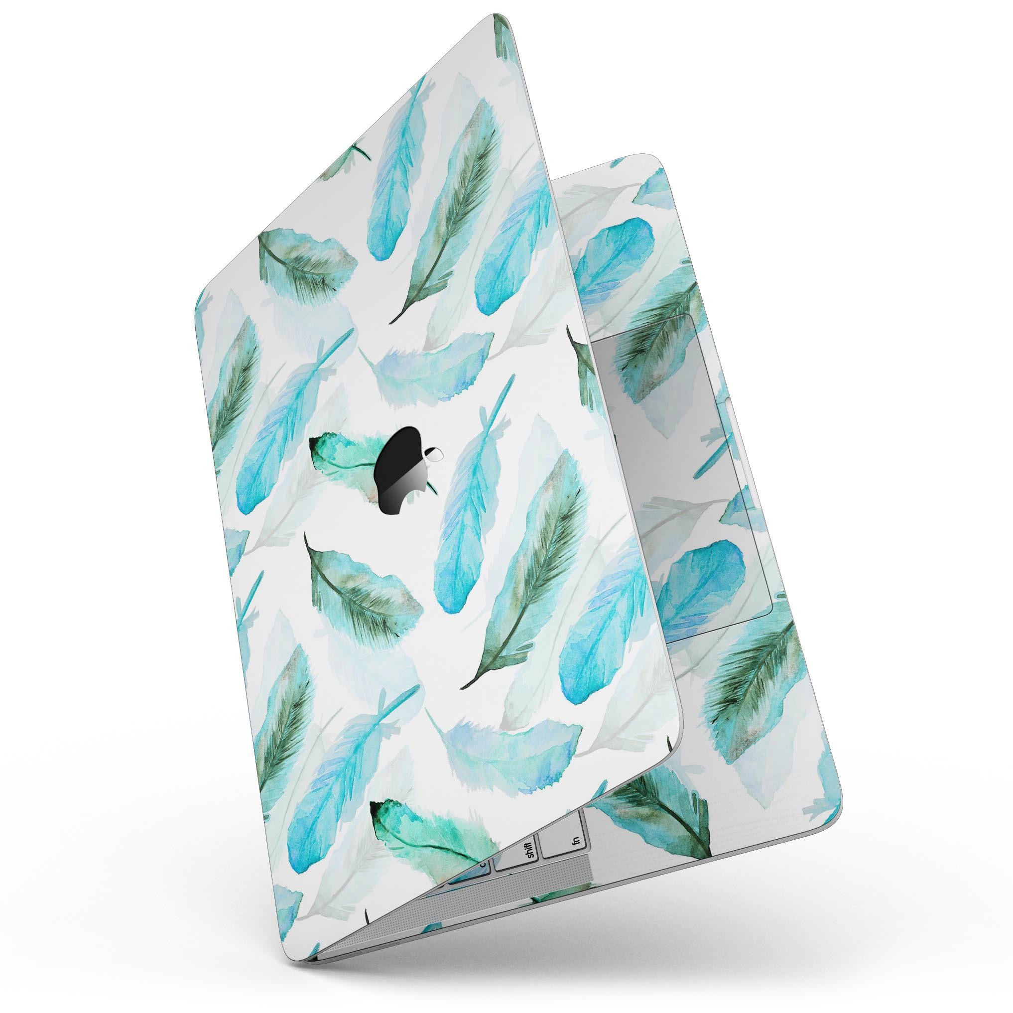 Feathery Watercolor skin applied to a MacBook Pro with Touch Bar, showcasing vibrant colors and a sleek design.