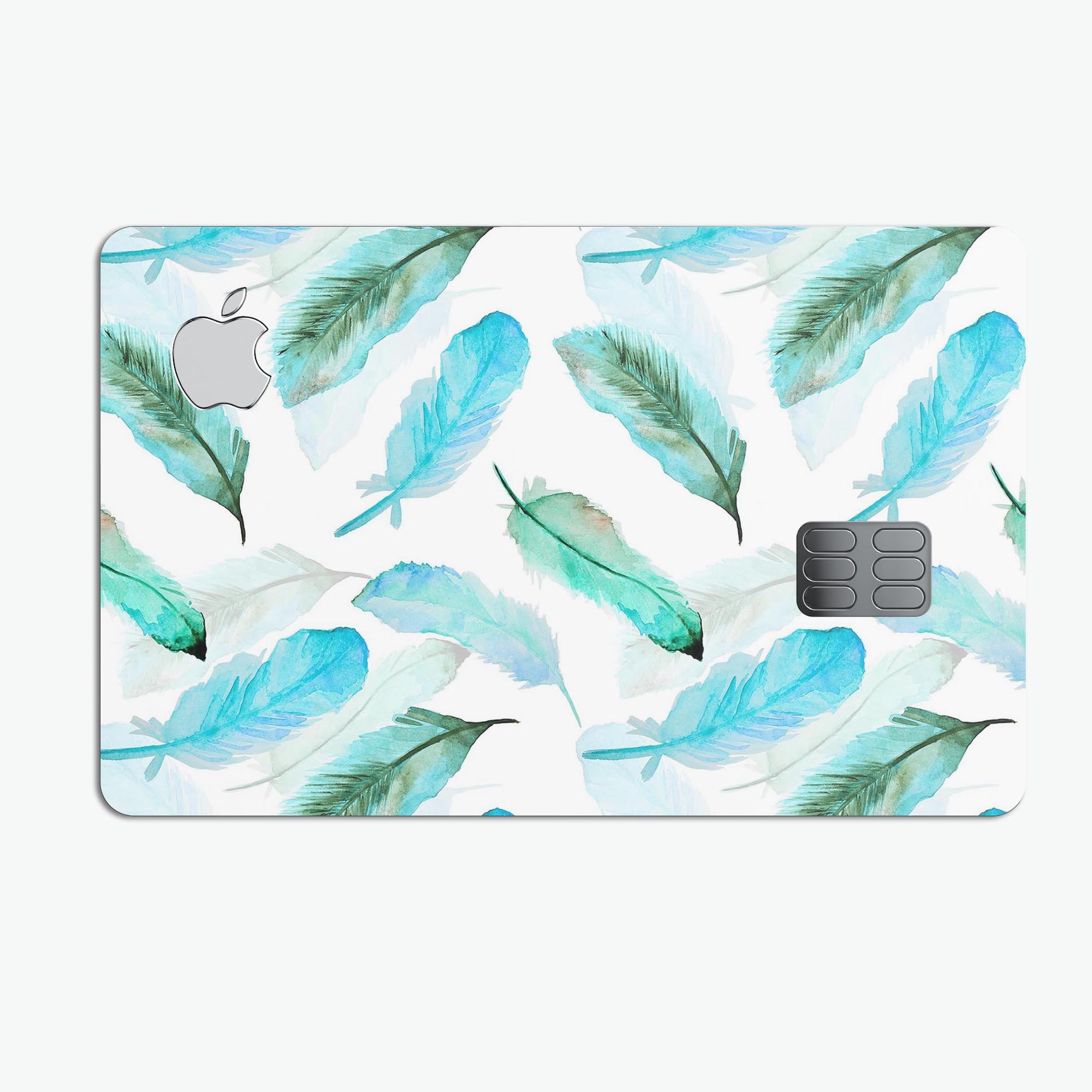 Feathery Watercolor decal skin for Apple Card, showcasing vibrant colors and a protective design.