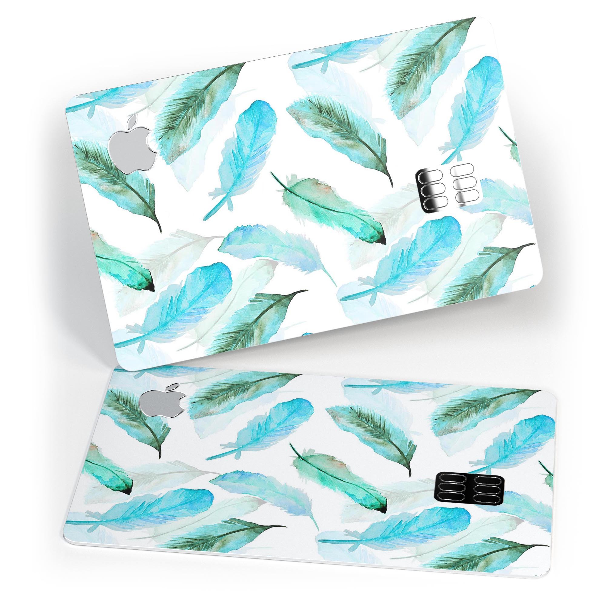 Feathery Watercolor decal skin for Apple Card, showcasing vibrant colors and a protective design.
