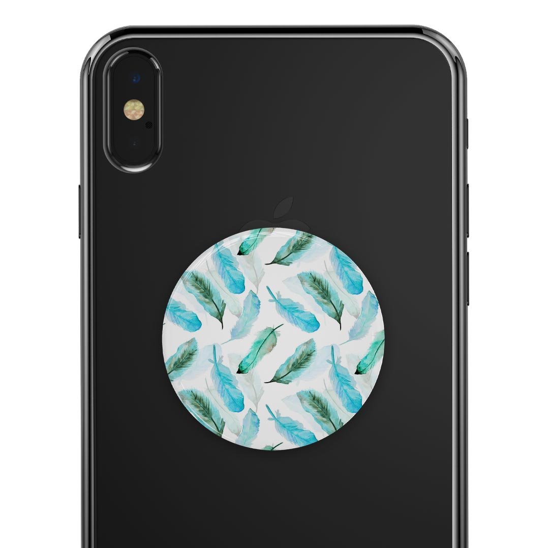 Feathery Watercolor Skin Kit for PopSockets, showcasing vibrant colors and a sleek design, perfect for personalizing smartphone grips.