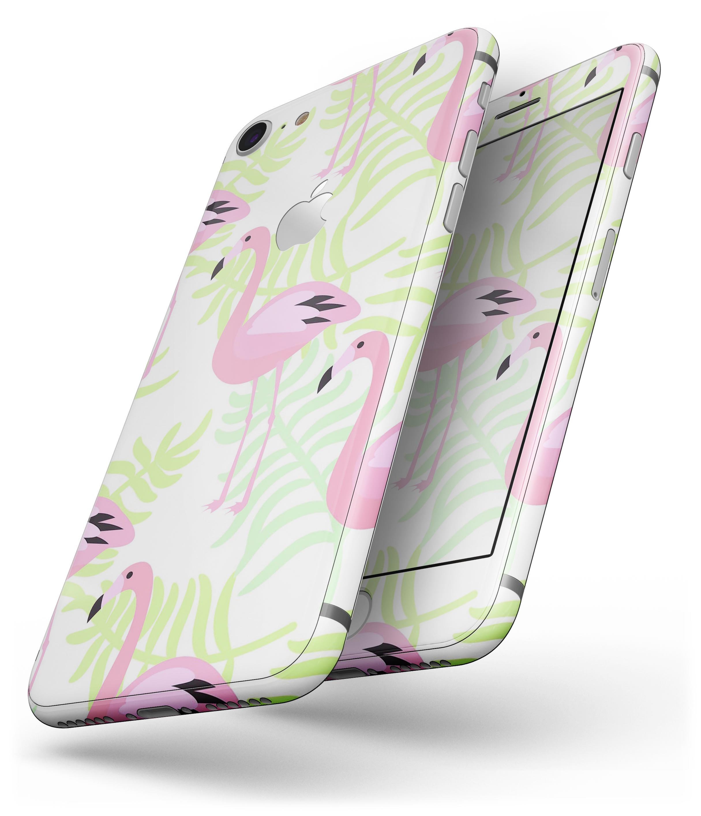 Flamingos Over Green Leaves skin for iPhone 8 and 8 Plus, showcasing vibrant colors and a stylish design.