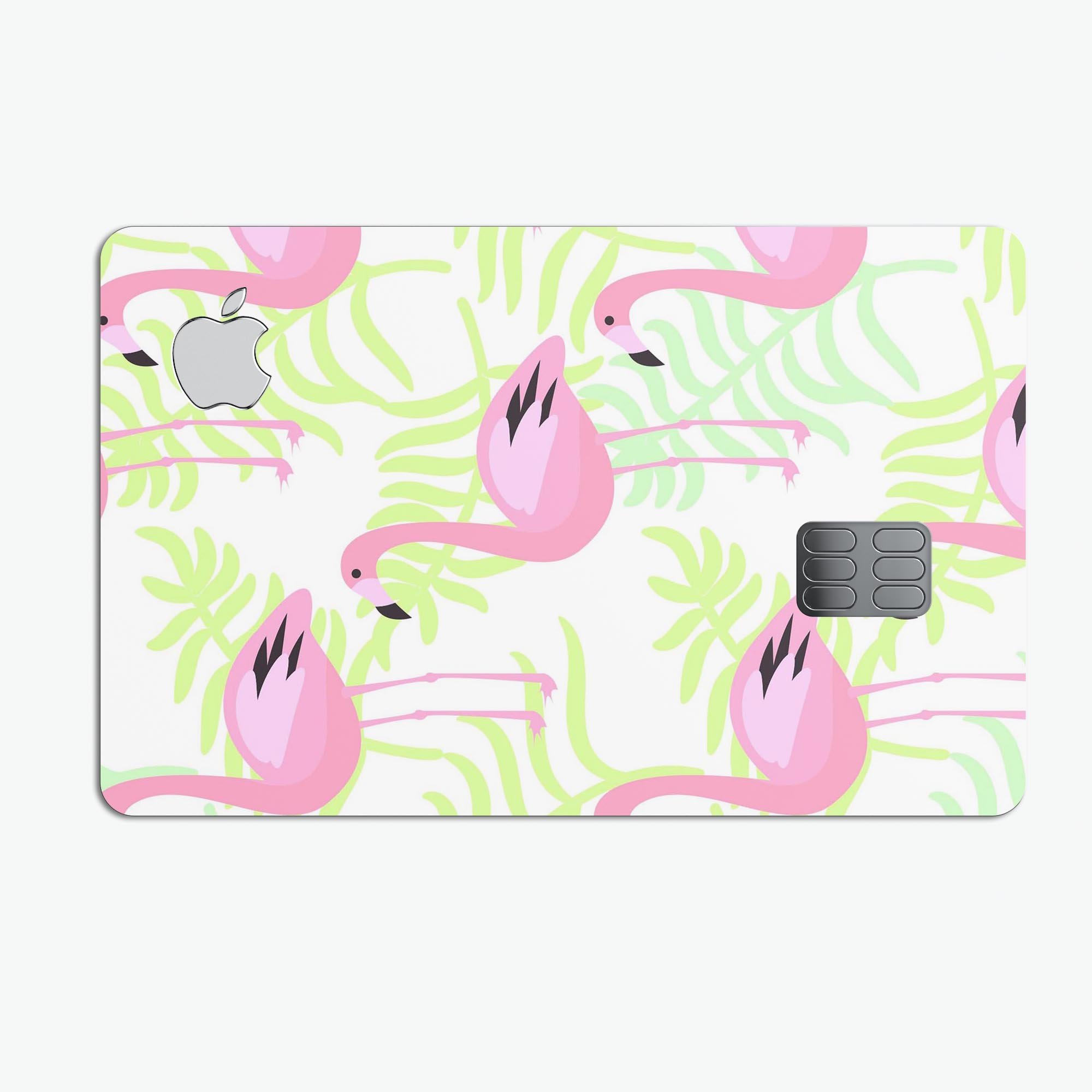 Flamingos Over Shades of Green Leaves decal on an Apple Card, showcasing vibrant colors and a stylish design.