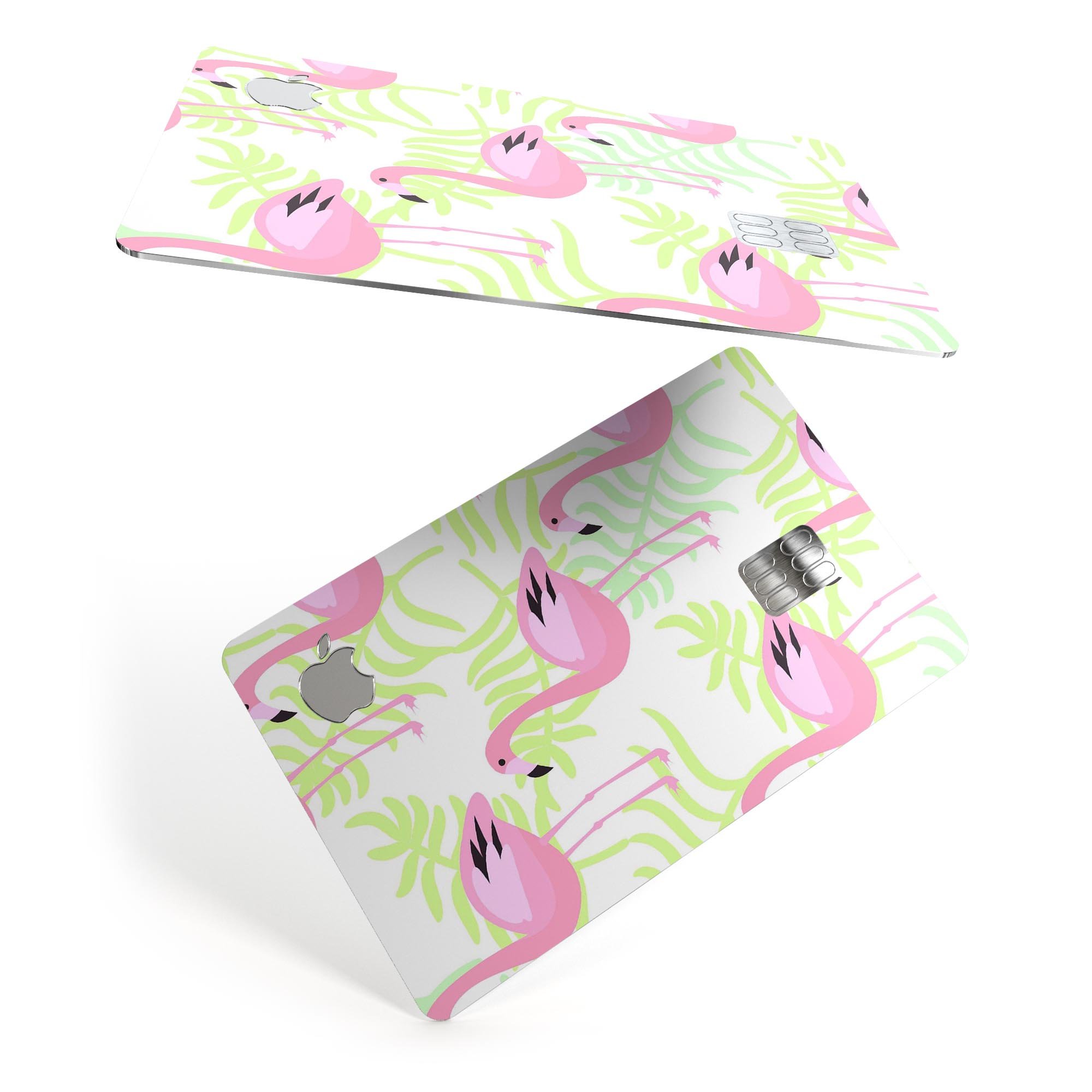 Flamingos Over Shades of Green Leaves decal on an Apple Card, showcasing vibrant colors and a stylish design.