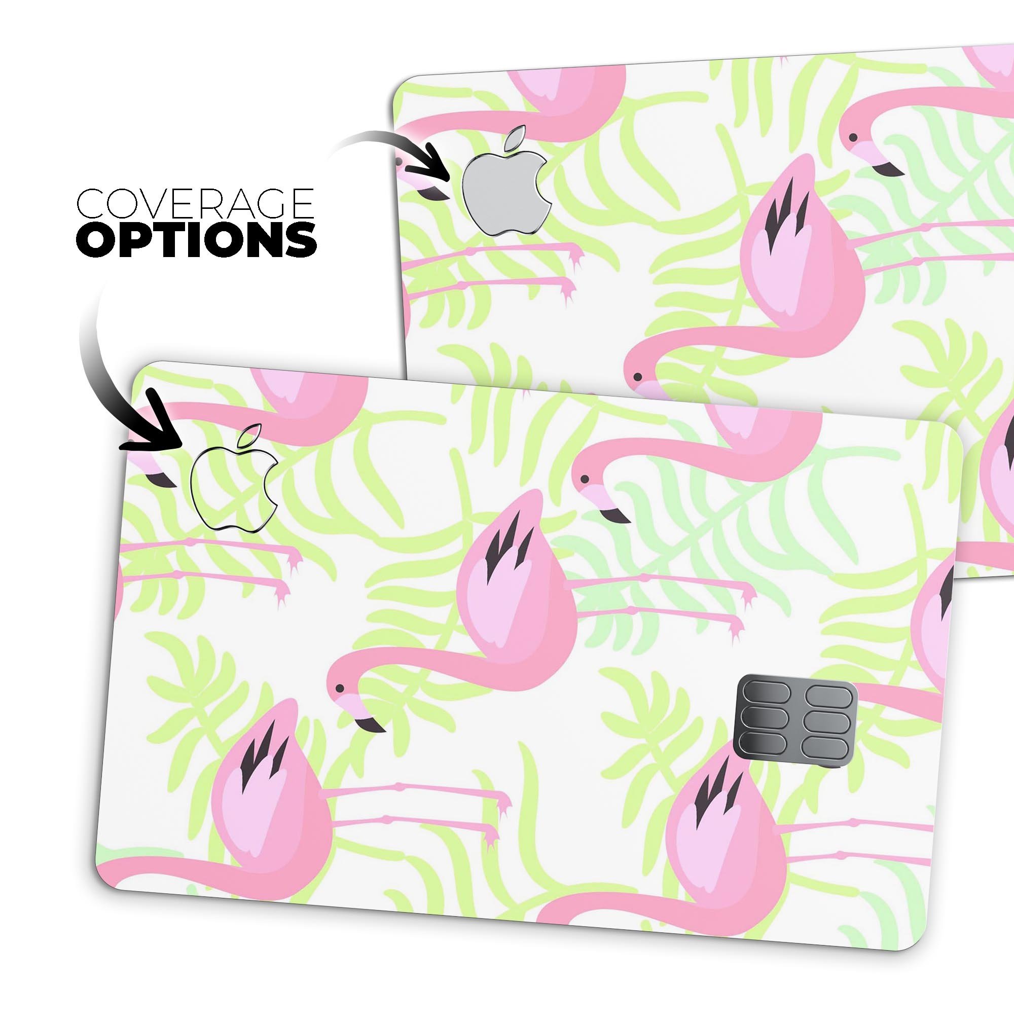 Flamingos Over Shades of Green Leaves decal on an Apple Card, showcasing vibrant colors and a stylish design.