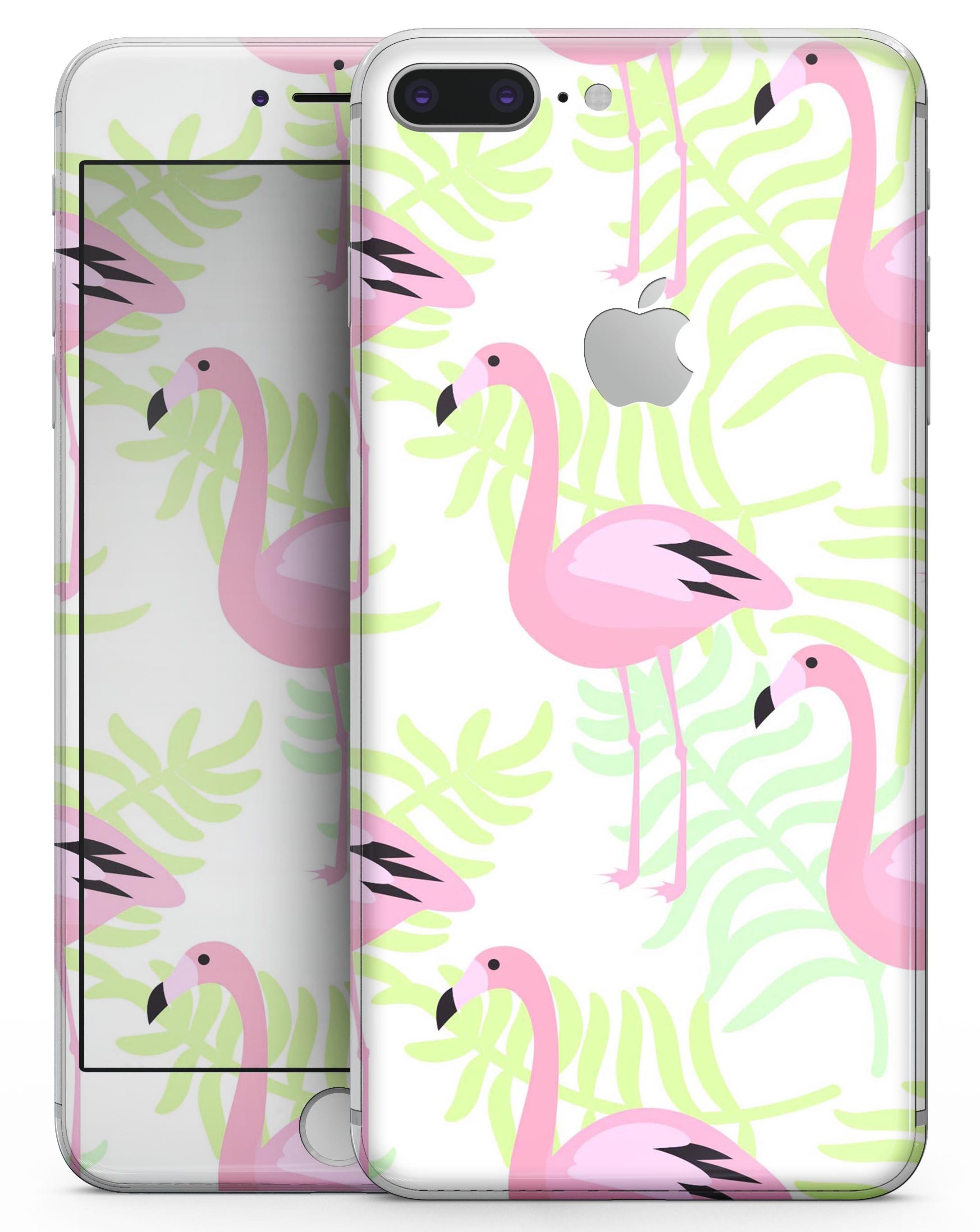 Flamingos Over Shades of Green Leaves skin for iPhone 8 or 8 Plus, showcasing vibrant colors and unique design.
