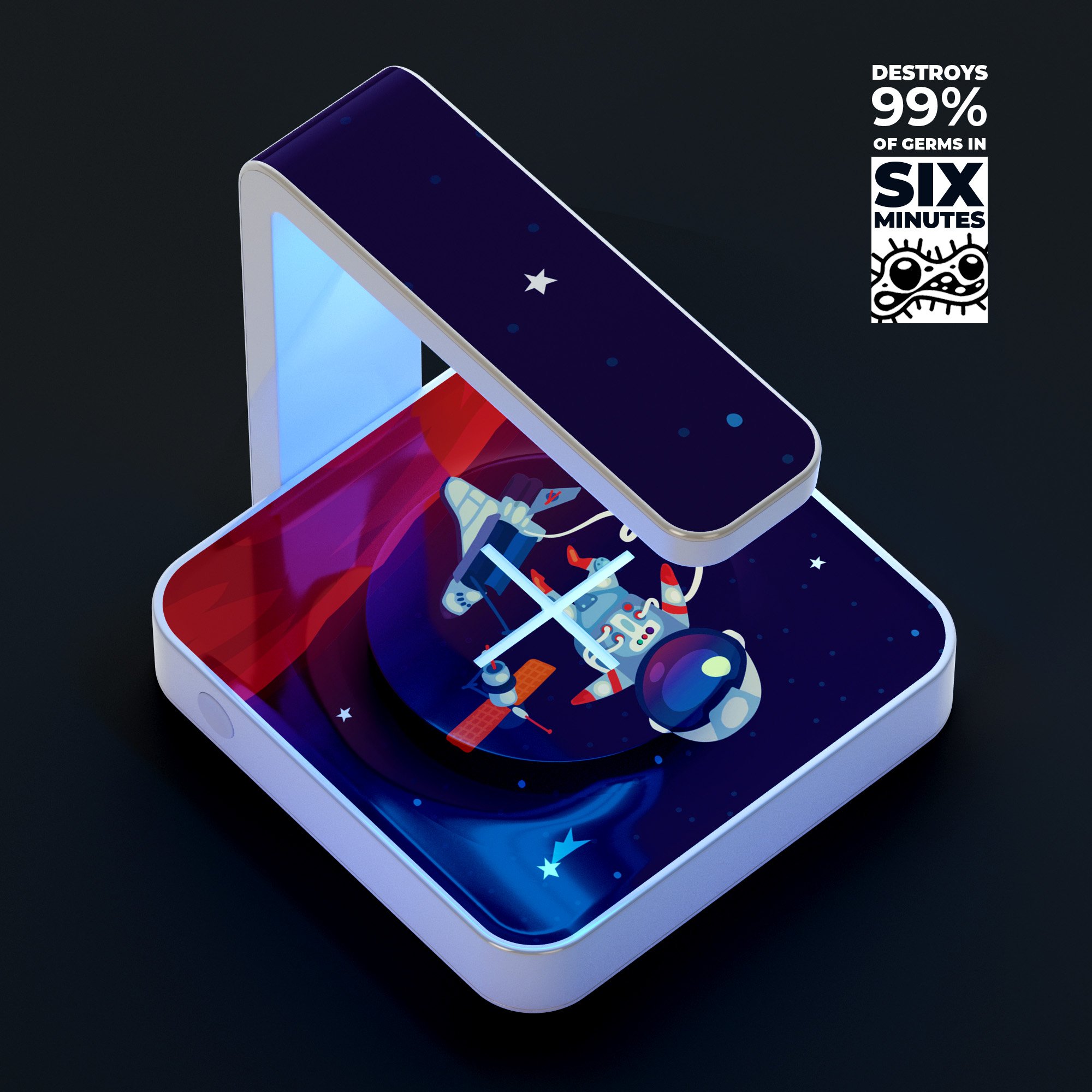 Floating Cartoon Astronaut UV Germicidal Sanitizing Sterilizing charger with a playful design, showcasing its wireless charging pad and decorative skin-kit.