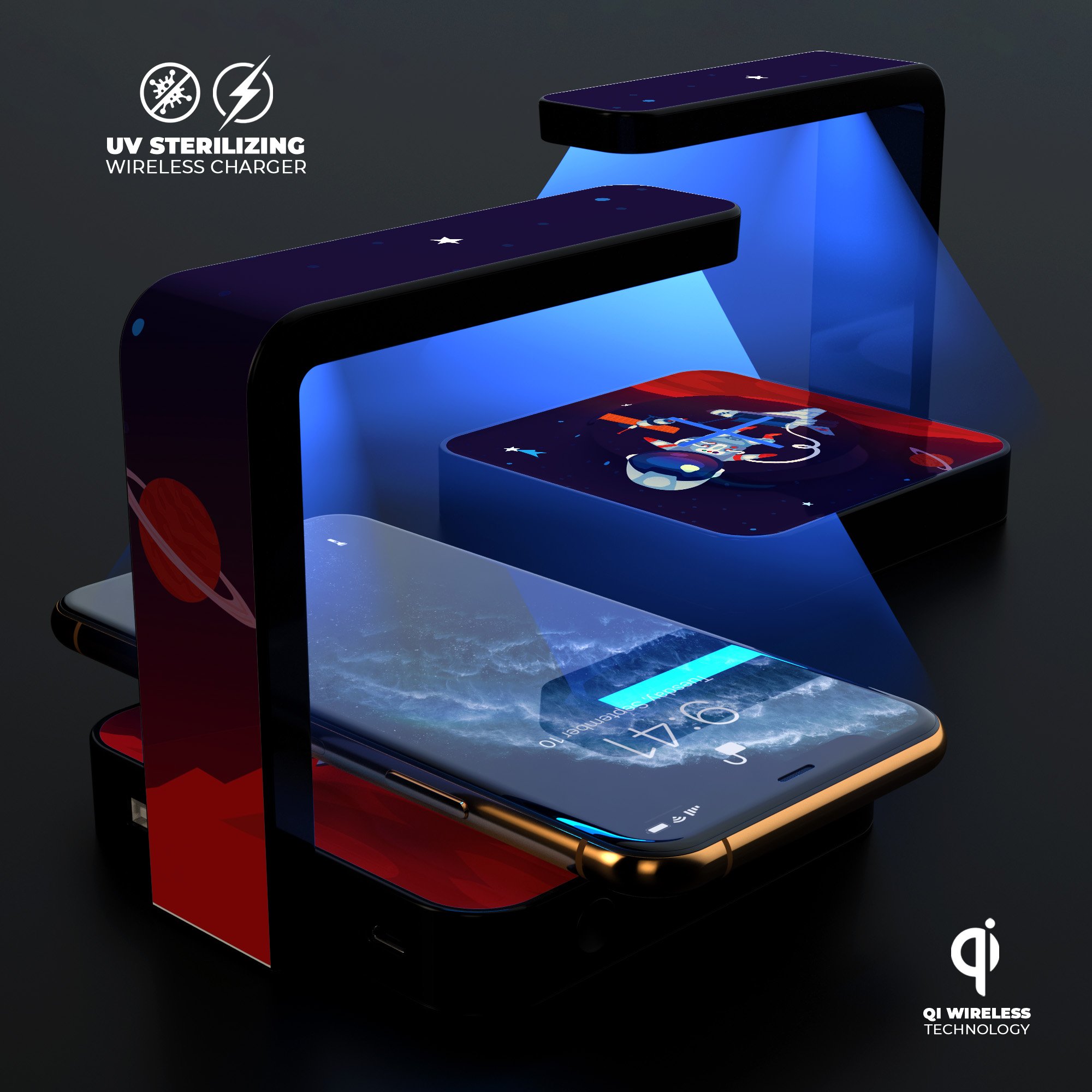 Floating Cartoon Astronaut UV Germicidal Sanitizing Sterilizing charger with a playful design, showcasing its wireless charging pad and decorative skin-kit.