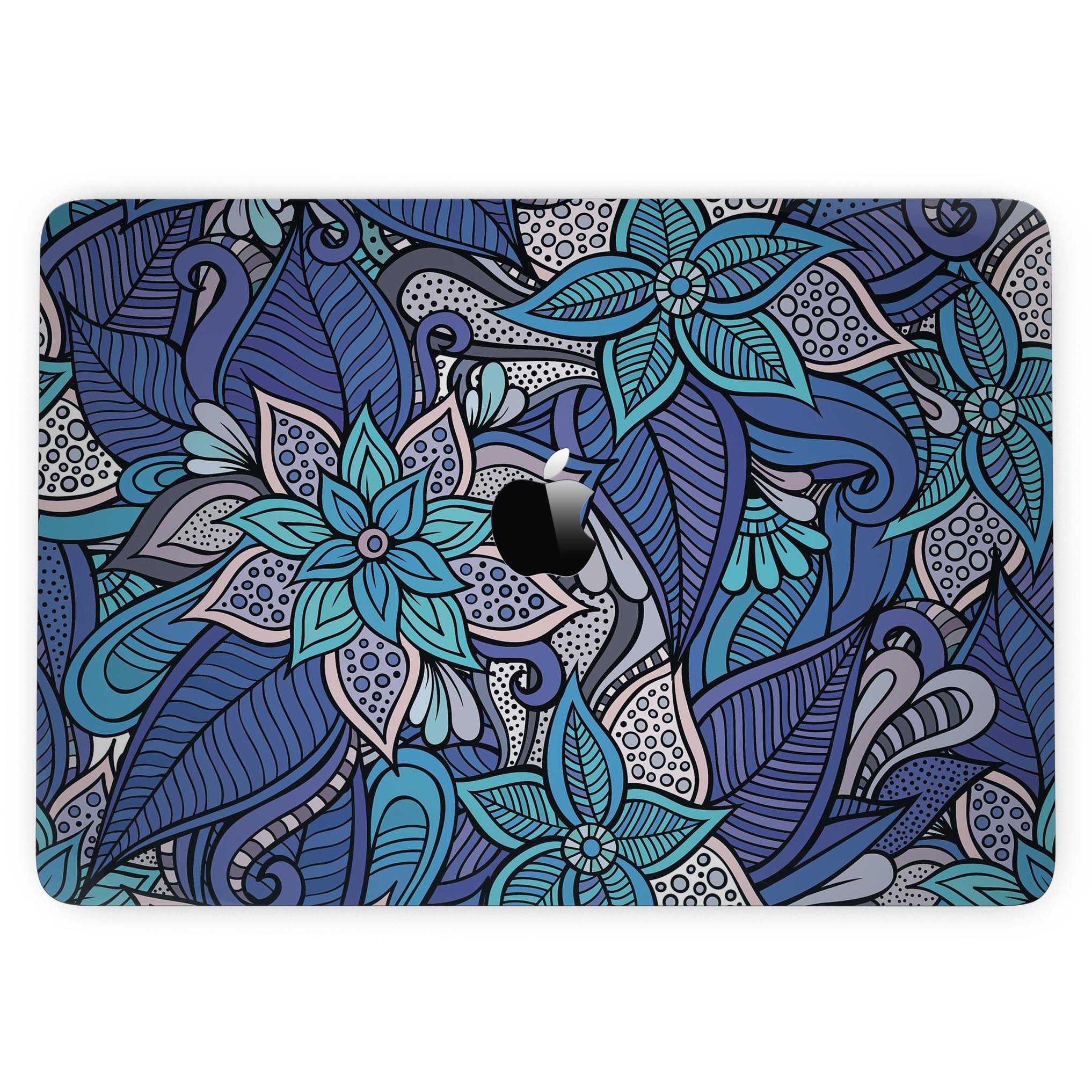 Floral Blues skin kit for 13" MacBook Pro without Touch Bar, showcasing vibrant floral patterns on a sleek device.
