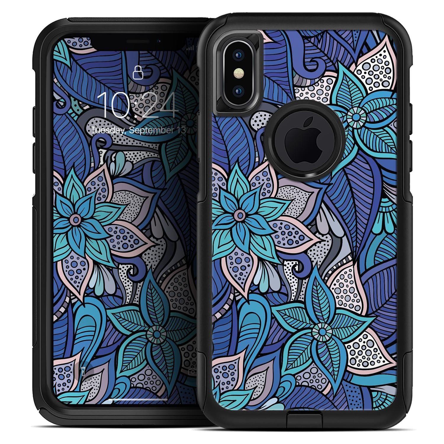 Floral Blues Skin Kit for iPhone OtterBox Cases featuring vibrant floral design and premium 3M materials.