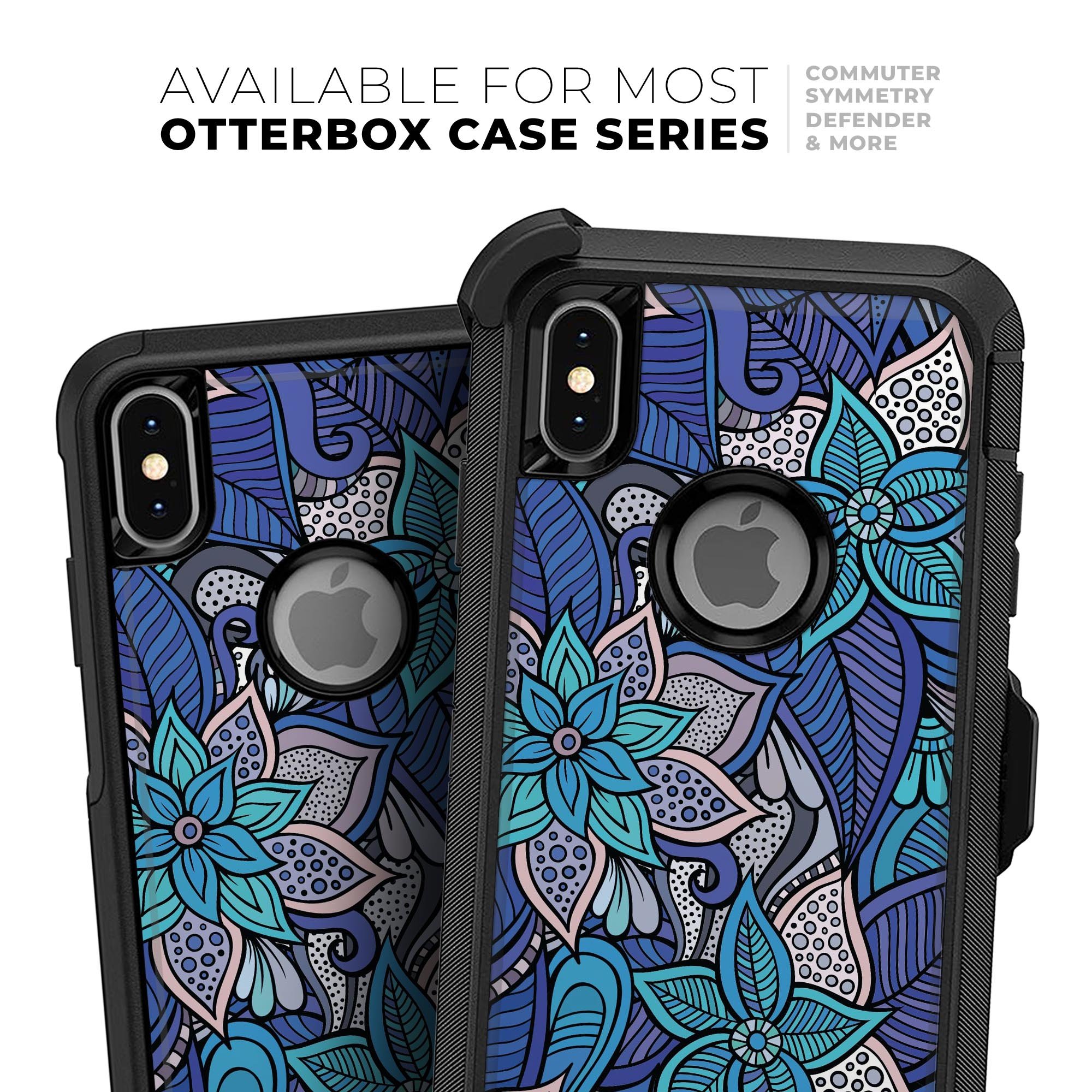Floral Blues Skin Kit for iPhone OtterBox Cases featuring vibrant floral design and premium 3M materials.