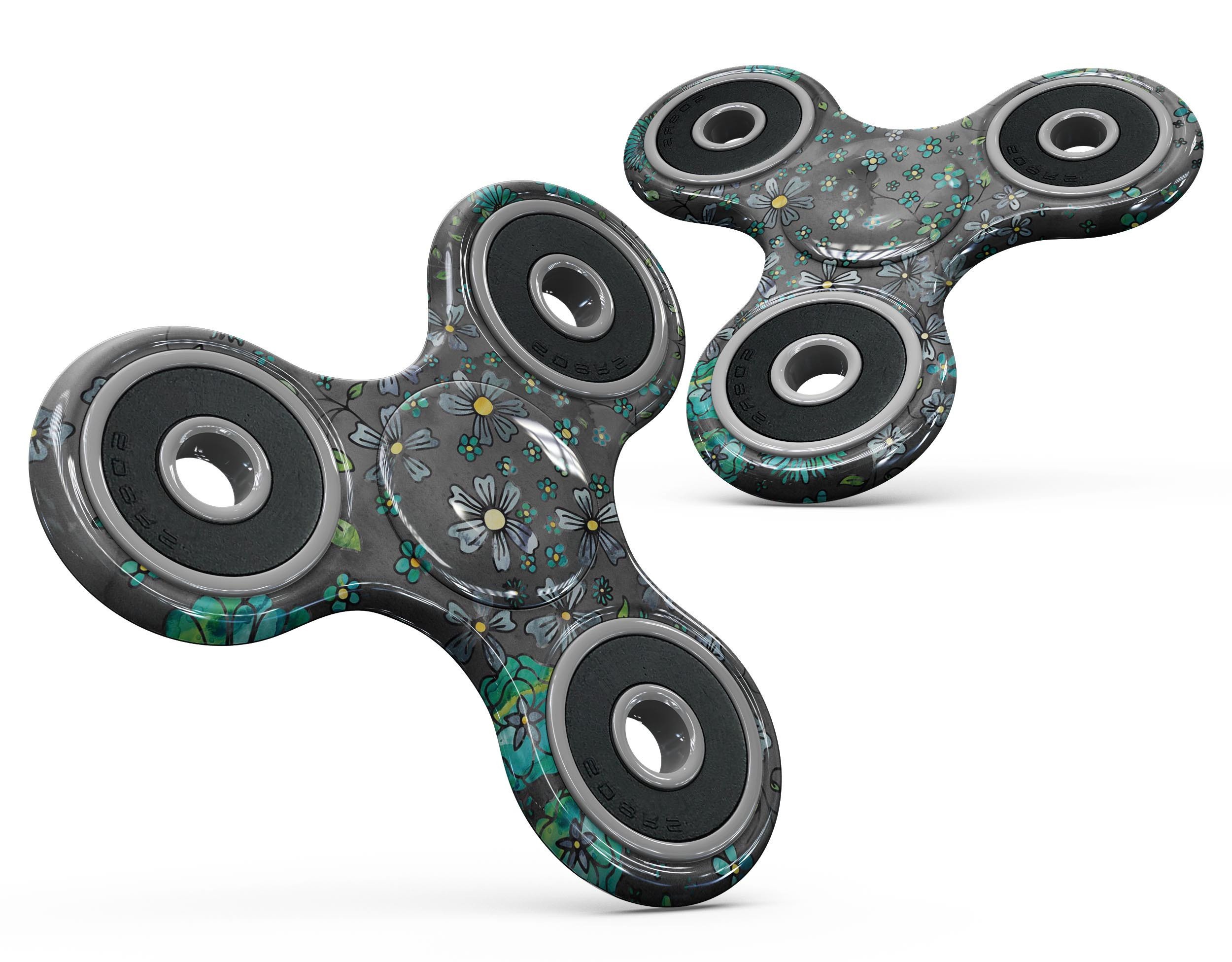Floral pattern skin kit for fidget spinner featuring a black watercolor background, showcasing vibrant flowers and intricate designs.
