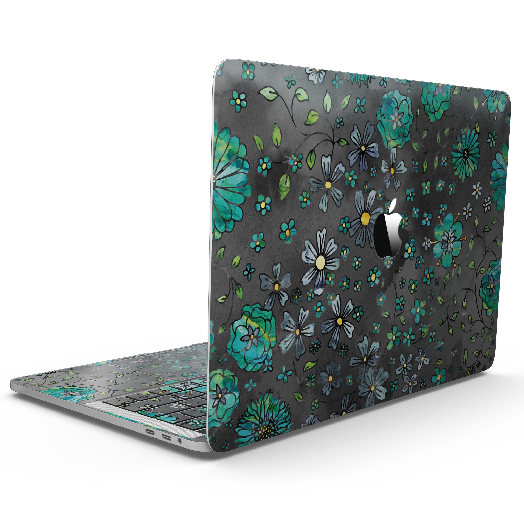 Floral pattern skin for MacBook Pro with Touch Bar, featuring a black watercolor background and vibrant floral design.