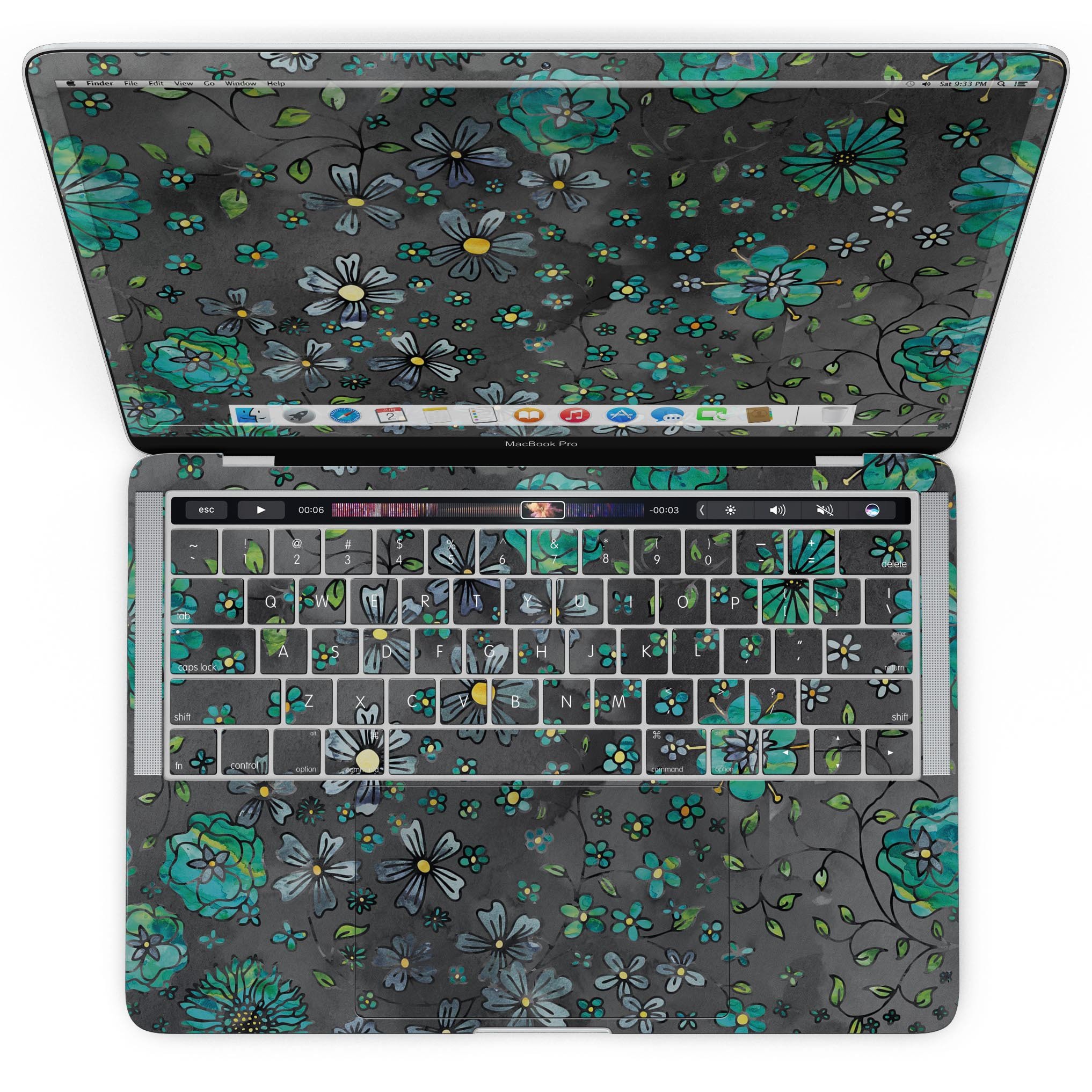 Floral pattern skin for MacBook Pro with Touch Bar, featuring a black watercolor background and vibrant floral design.