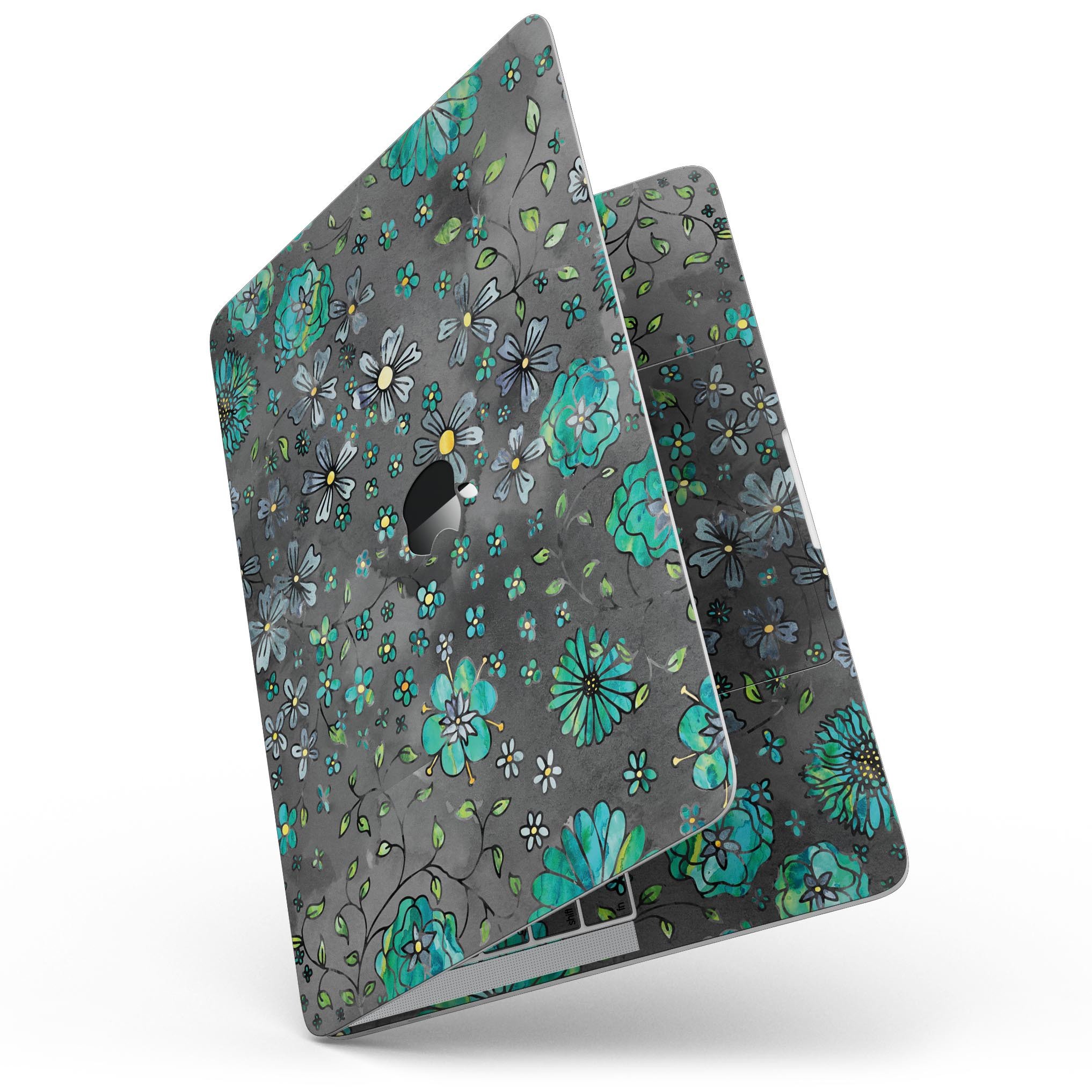 Floral pattern skin for MacBook Pro with Touch Bar, featuring a black watercolor background and vibrant floral design.