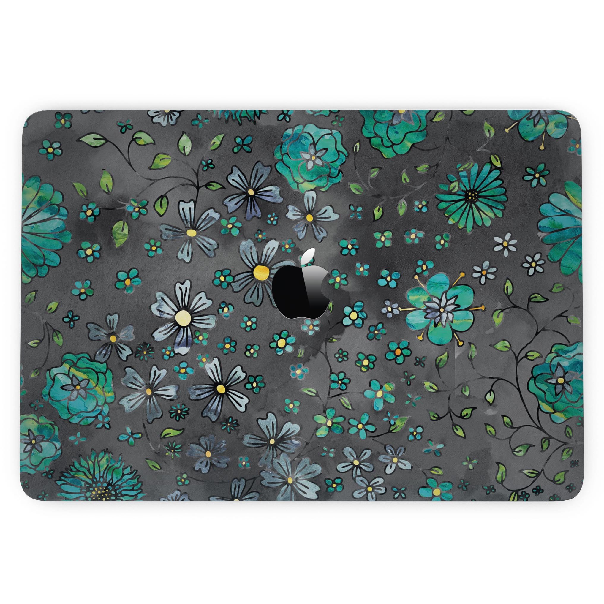 Floral pattern skin for MacBook Pro with Touch Bar, featuring a black watercolor background and vibrant floral design.