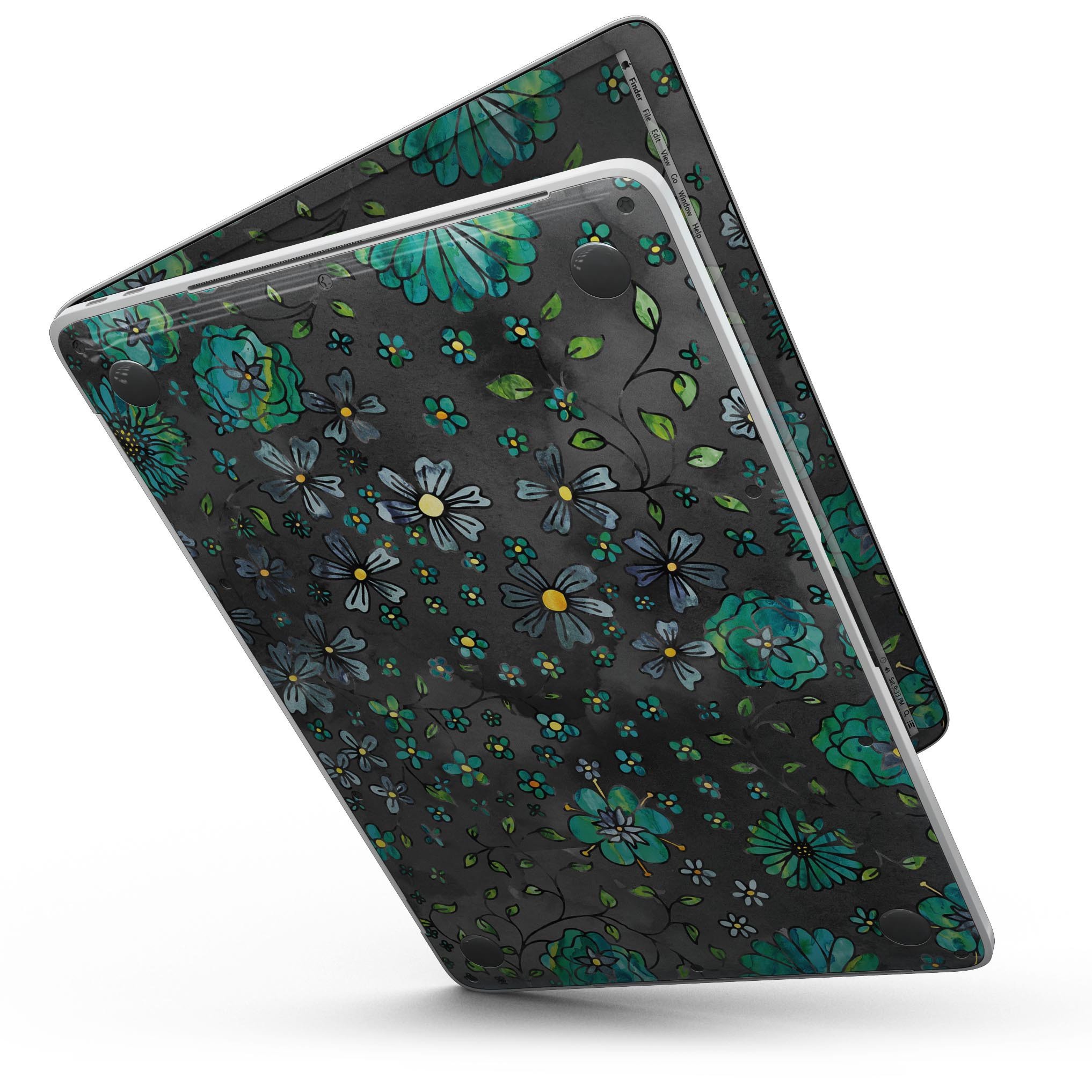 Floral pattern skin for MacBook Pro with Touch Bar, featuring a black watercolor background and vibrant floral design.