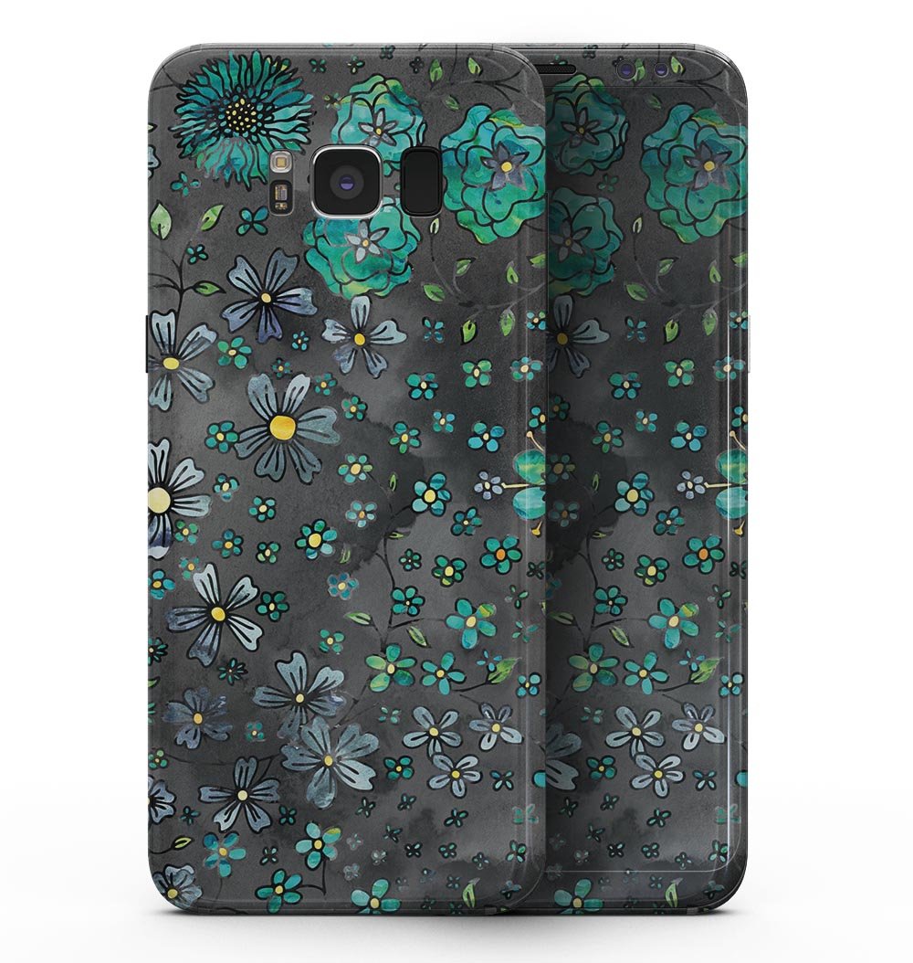 Samsung Galaxy S8 with Floral Pattern on Black Watercolor skin, showcasing vibrant floral design and sleek black background.