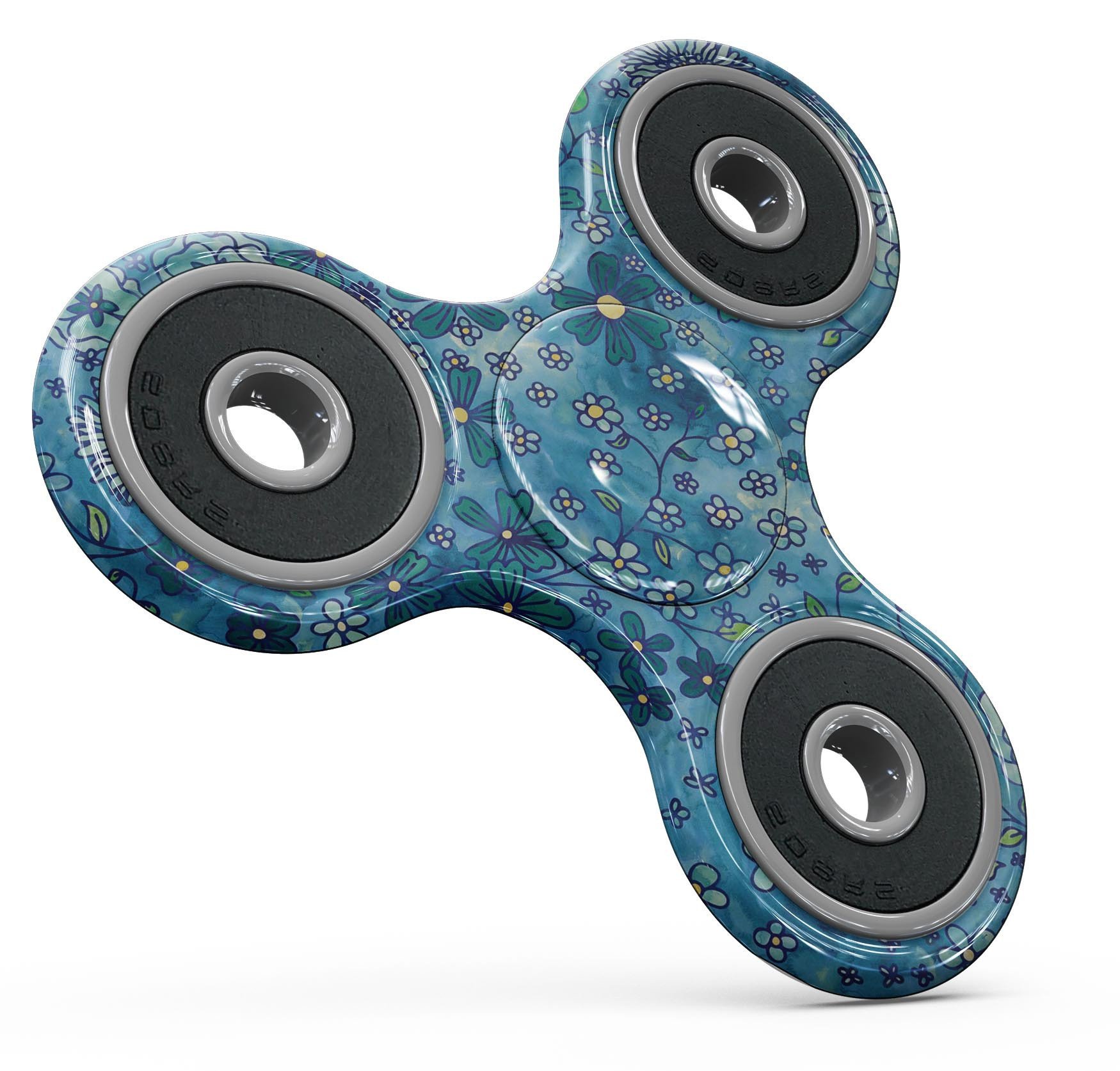 Floral pattern skin kit for fidget spinner featuring a blue watercolor background, showcasing vibrant colors and intricate floral designs.