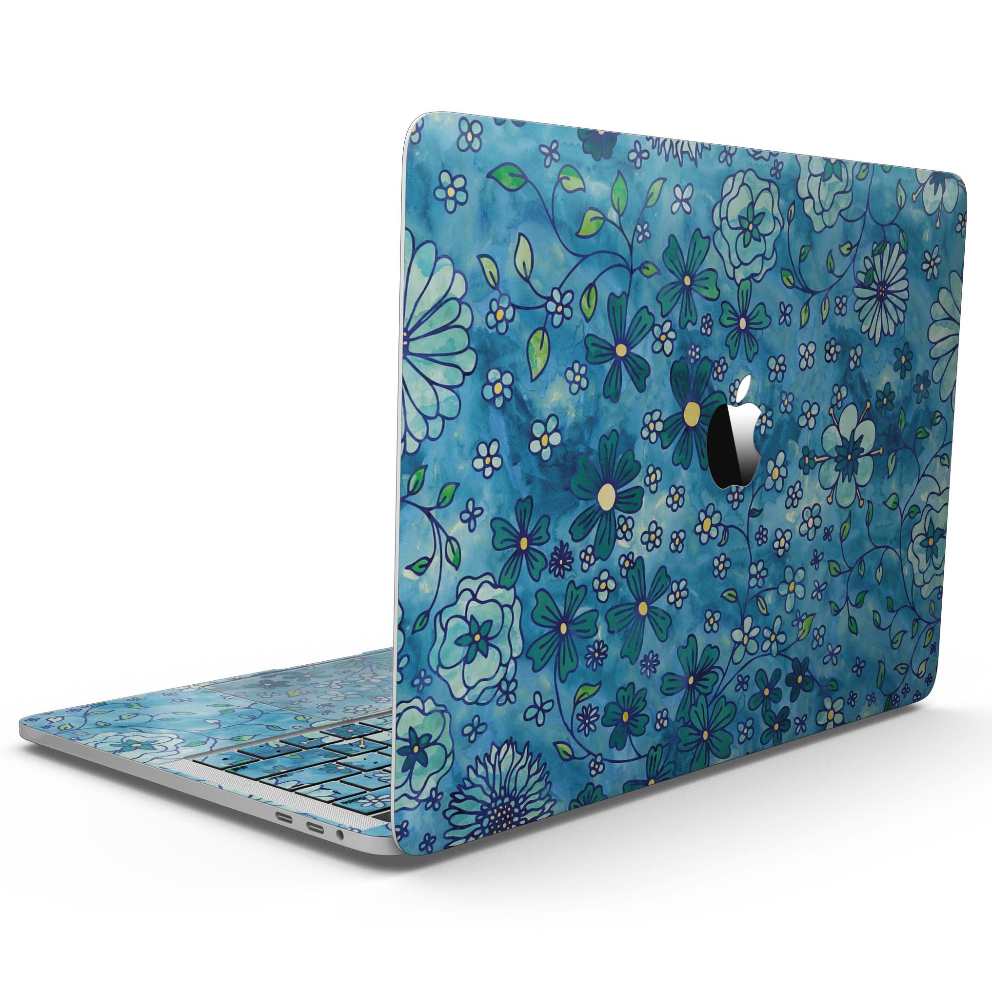Floral pattern on blue watercolor skin for MacBook Pro with Touch Bar, showcasing vibrant colors and intricate floral designs.