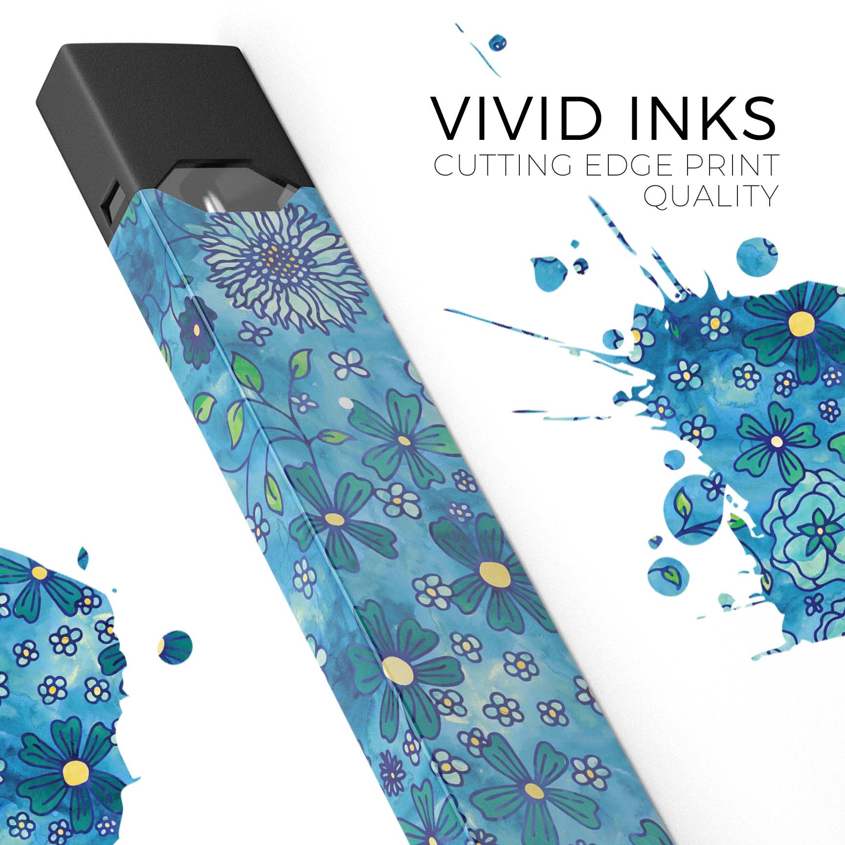 Floral Pattern on Blue Watercolor skin-wrap for JUUL device, showcasing vibrant floral design on a blue watercolor background.
