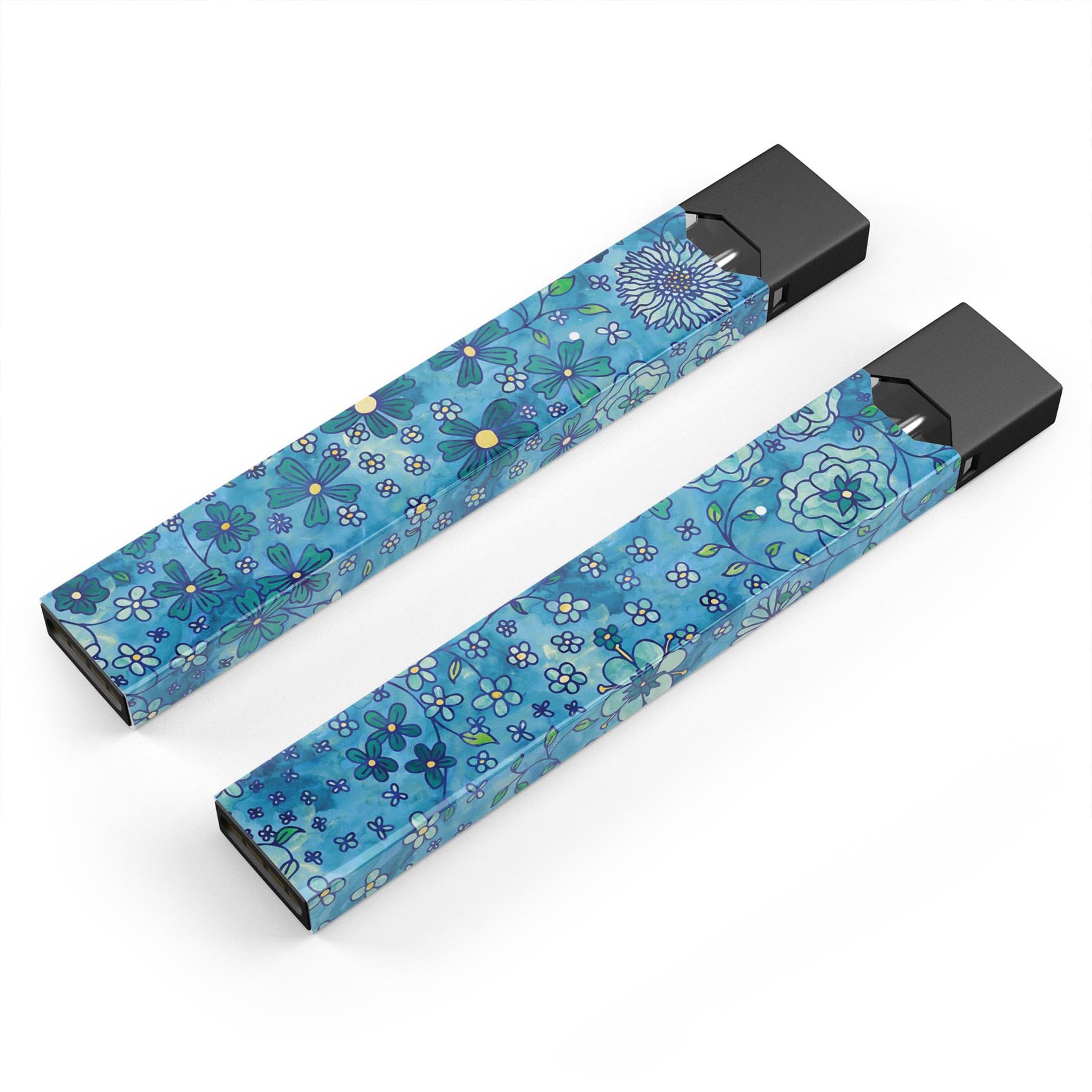 Floral Pattern on Blue Watercolor skin-wrap for JUUL device, showcasing vibrant floral design on a blue watercolor background.