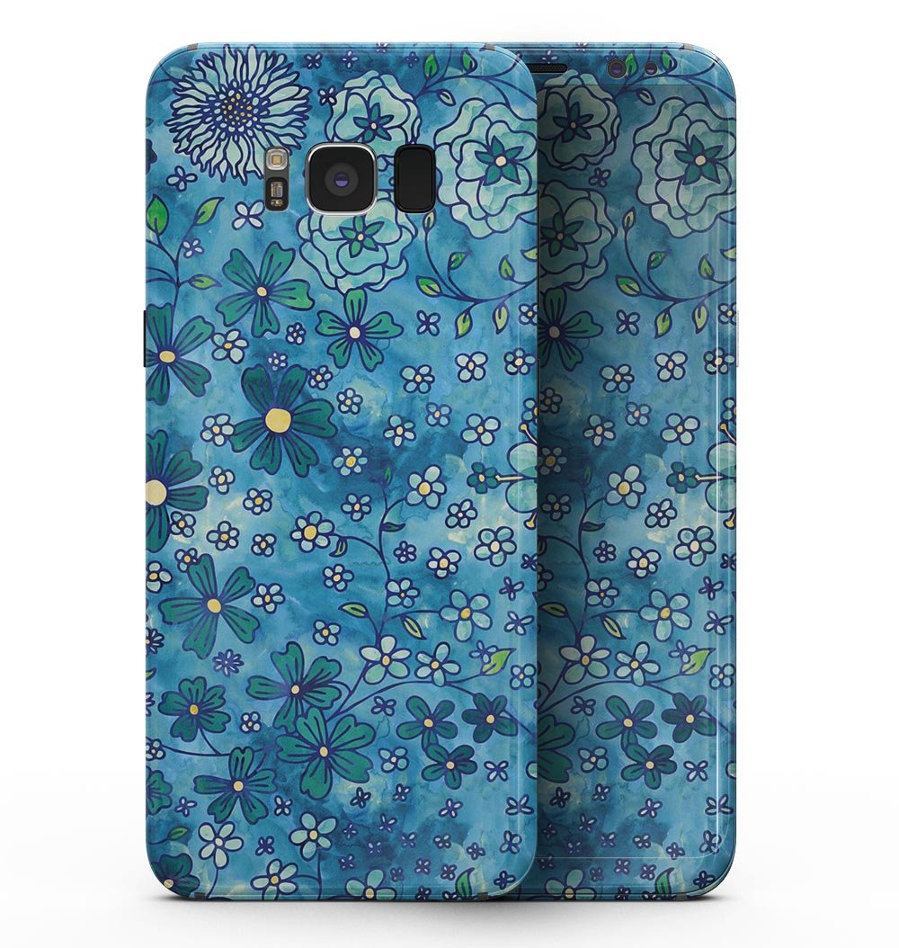 Samsung Galaxy S8 with Floral Pattern on Blue Watercolor full-body skin, showcasing vibrant colors and intricate floral design.