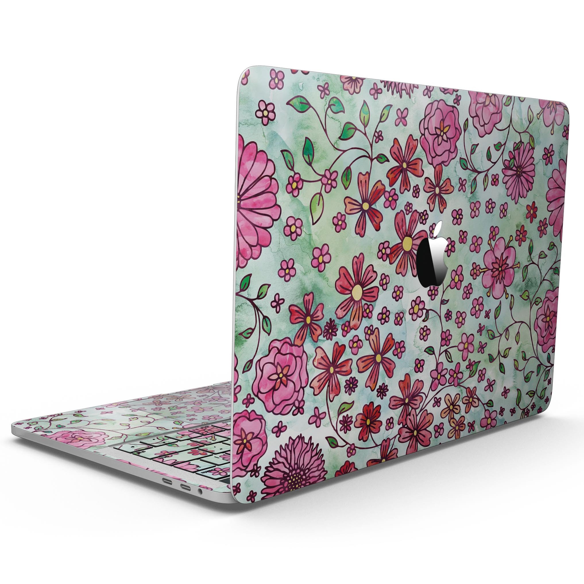 Floral pattern skin on a light green watercolor background for MacBook Pro with Touch Bar, showcasing vibrant colors and intricate floral designs.