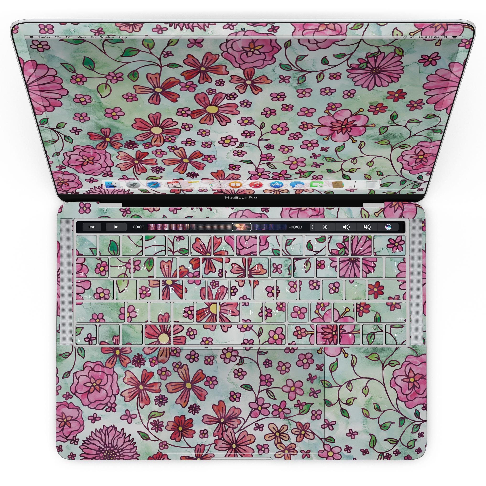 Floral pattern skin on a light green watercolor background for MacBook Pro with Touch Bar, showcasing vibrant colors and intricate floral designs.