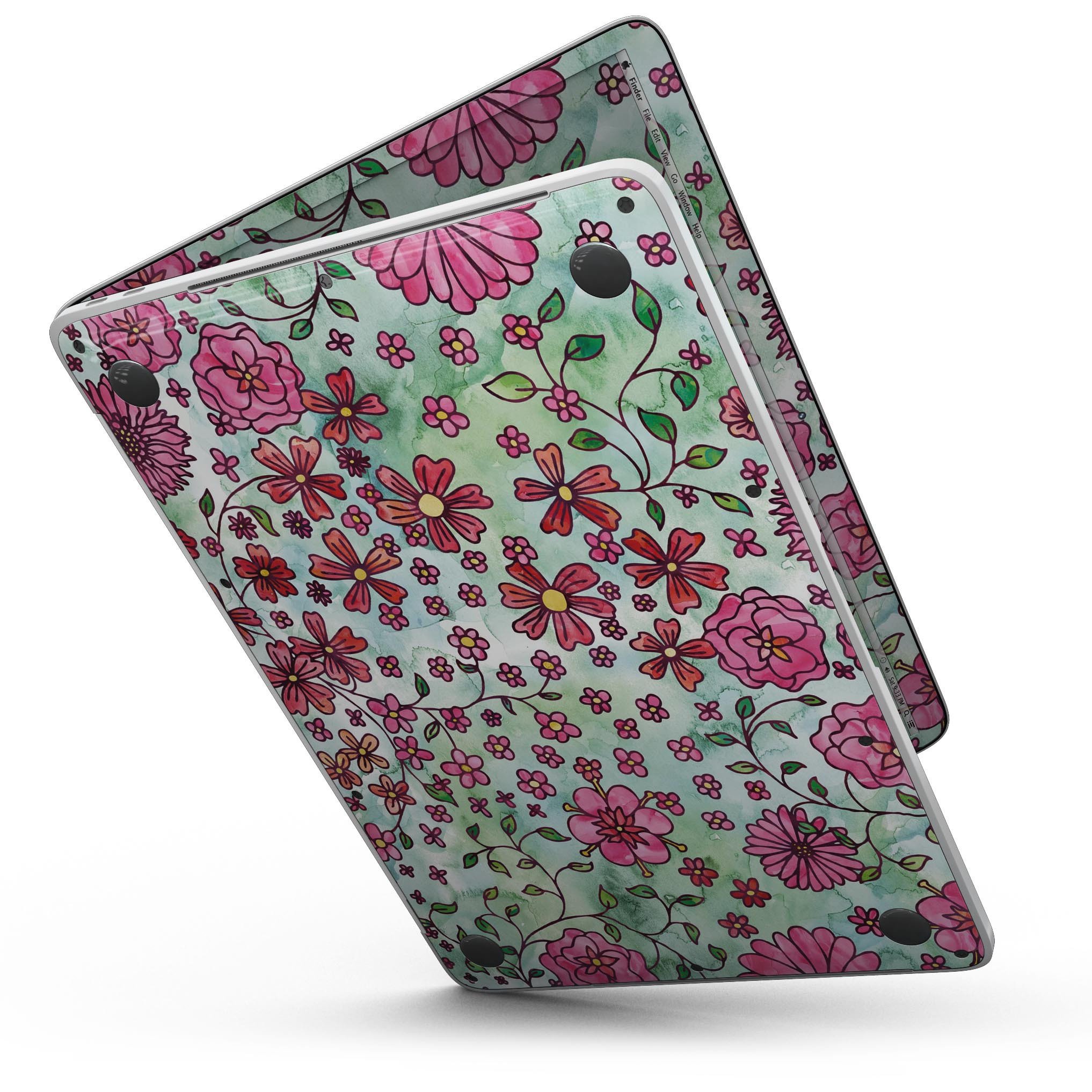 Floral pattern skin on a light green watercolor background for MacBook Pro with Touch Bar, showcasing vibrant colors and intricate floral designs.
