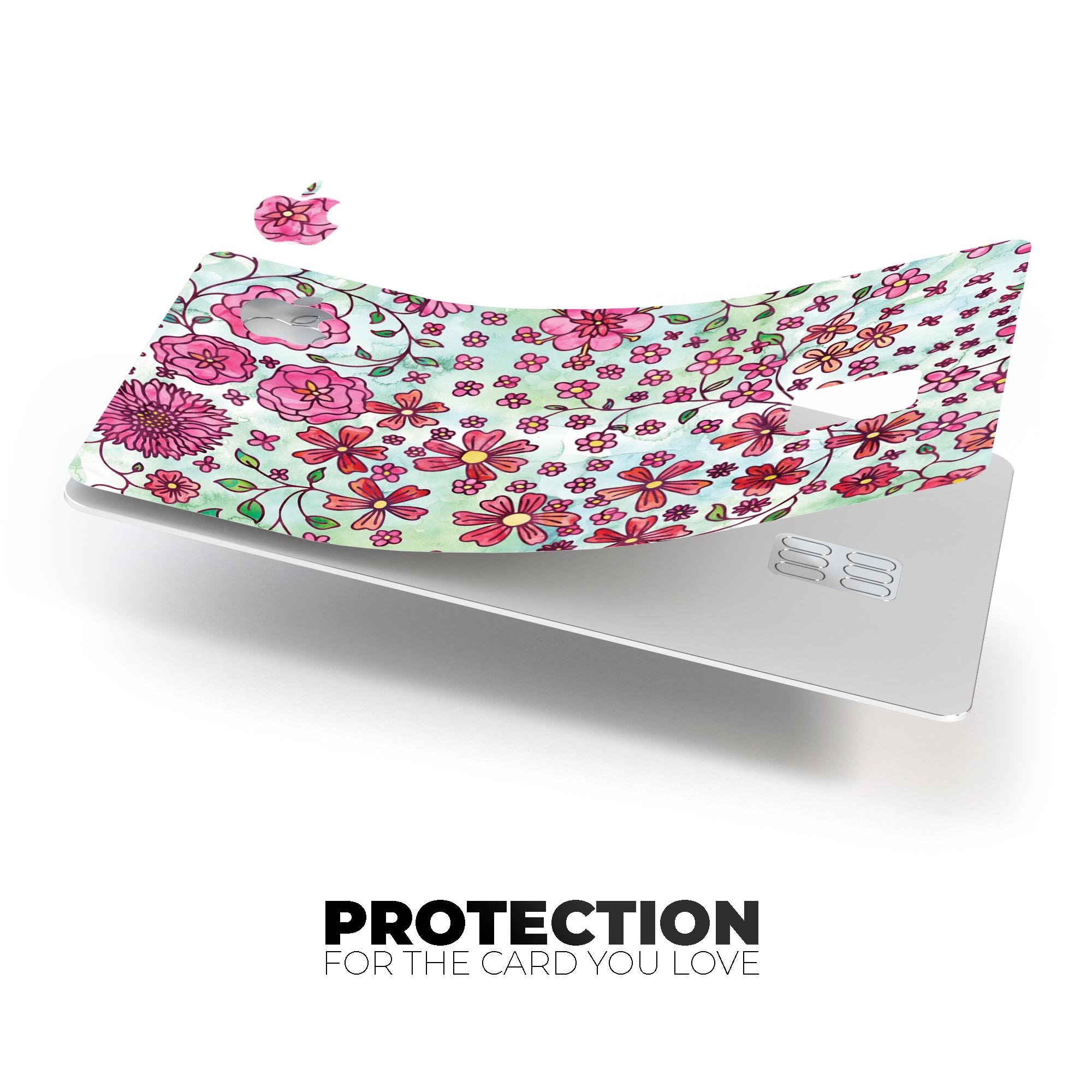 Floral pattern decal on light green watercolor background, designed for Apple Card protection.