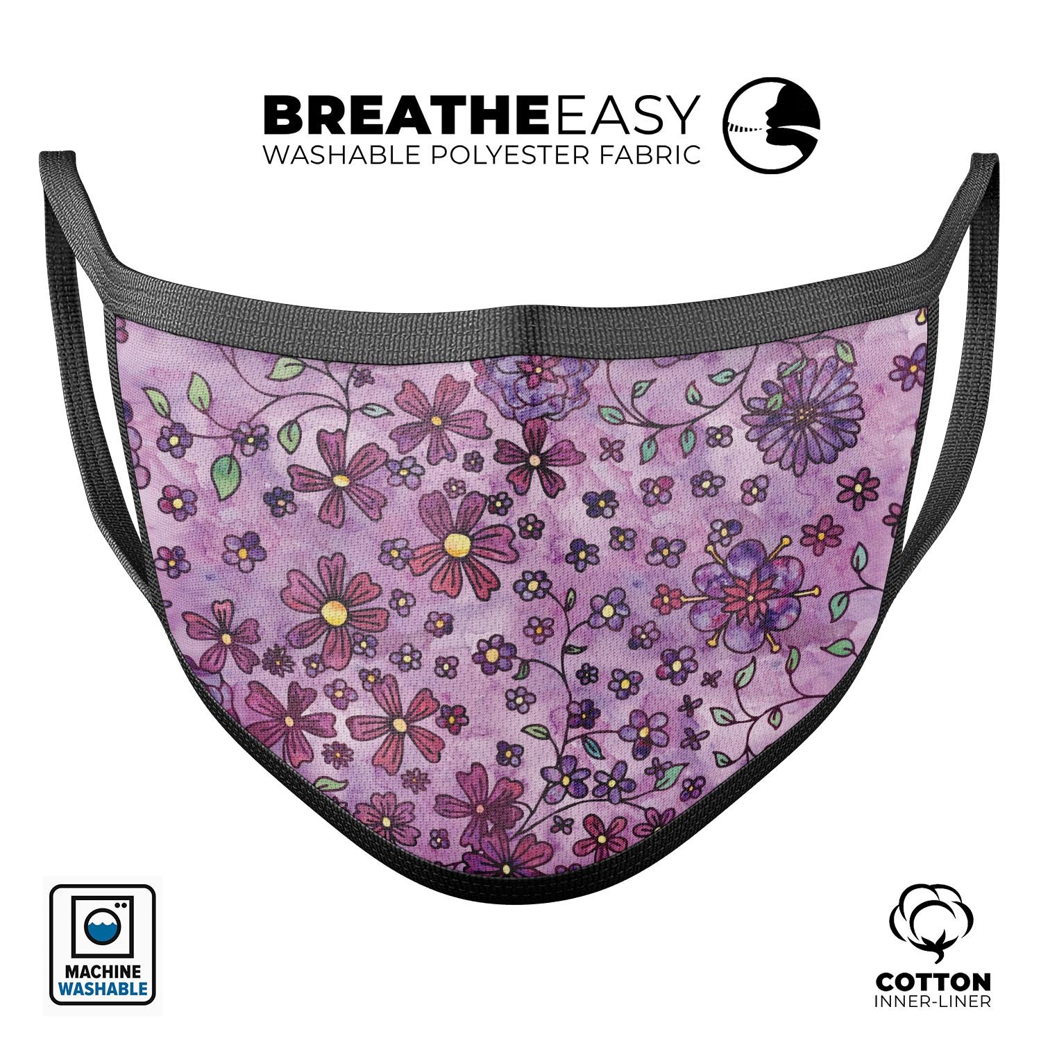 Floral pattern on purple watercolor reusable mouth cover, showcasing adjustable ear loops and soft cotton interior.