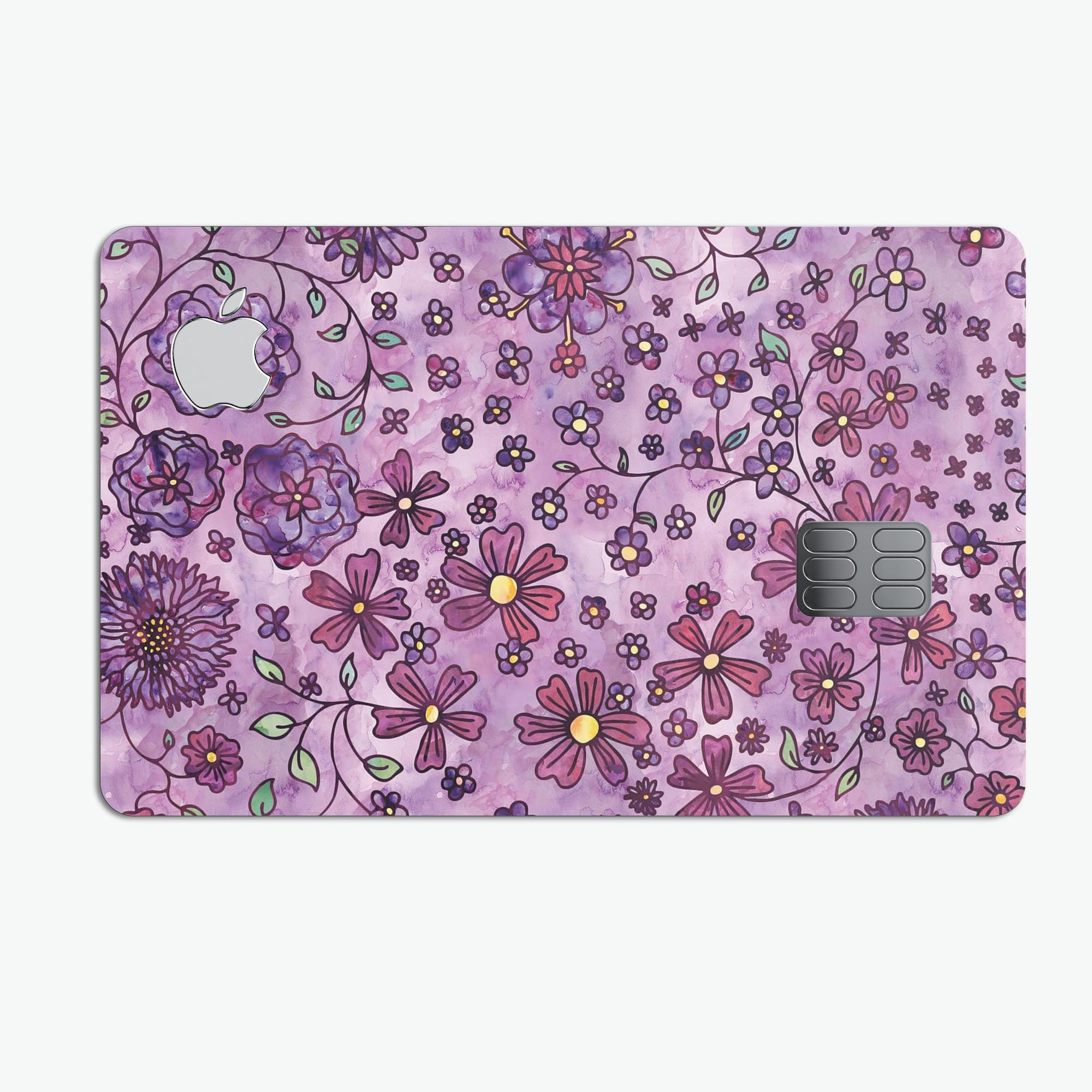 Floral Pattern on Purple Watercolor Premium Protective Decal for Apple Card, showcasing vibrant colors and intricate floral design.