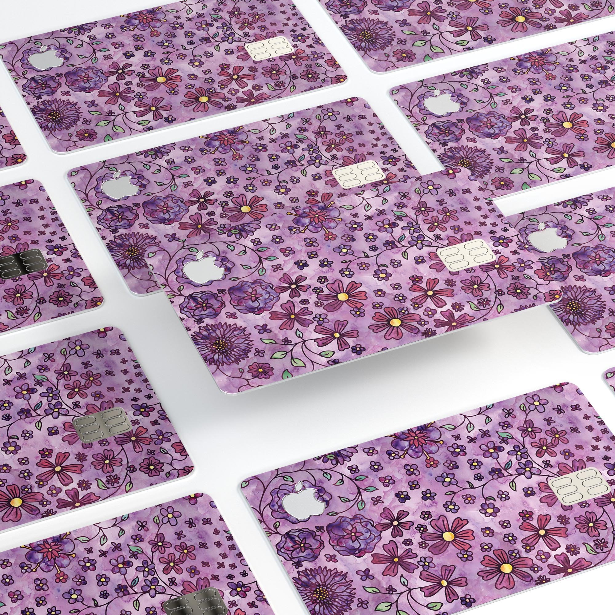 Floral Pattern on Purple Watercolor Premium Protective Decal for Apple Card, showcasing vibrant colors and intricate floral design.