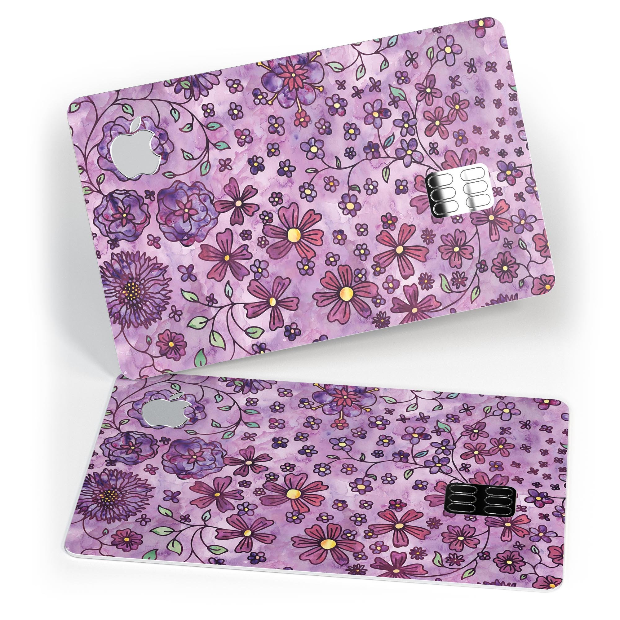 Floral Pattern on Purple Watercolor Premium Protective Decal for Apple Card, showcasing vibrant colors and intricate floral design.