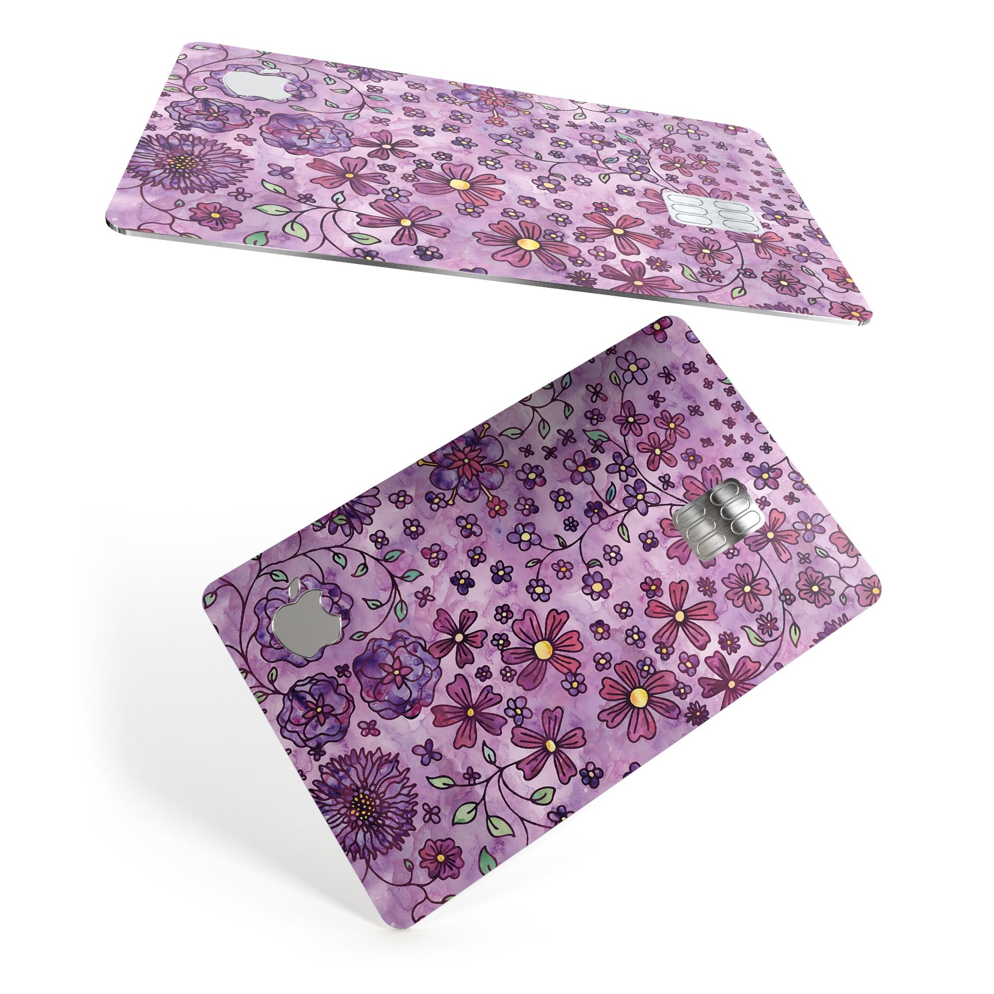 Floral Pattern on Purple Watercolor Premium Protective Decal for Apple Card, showcasing vibrant colors and intricate floral design.