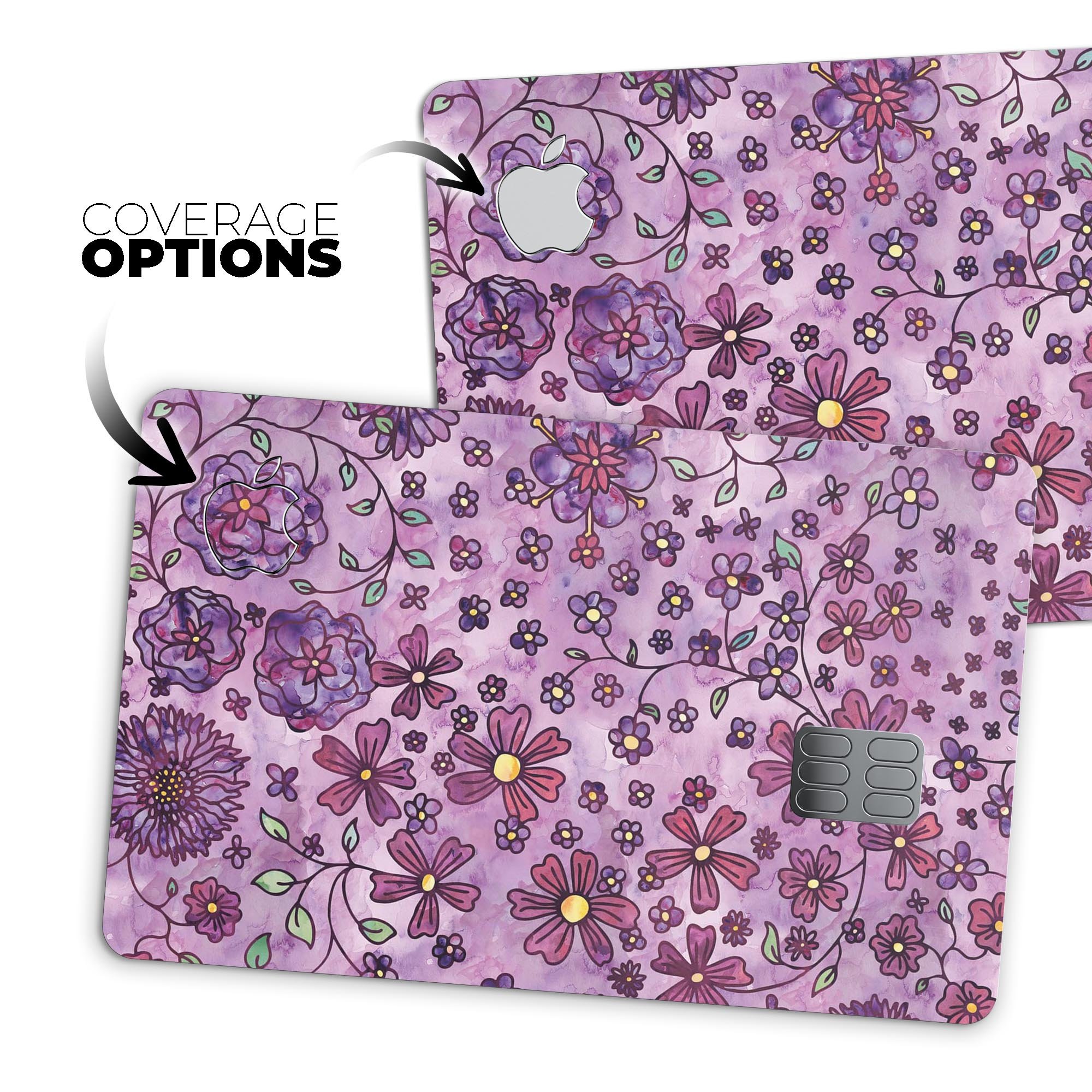 Floral Pattern on Purple Watercolor Premium Protective Decal for Apple Card, showcasing vibrant colors and intricate floral design.