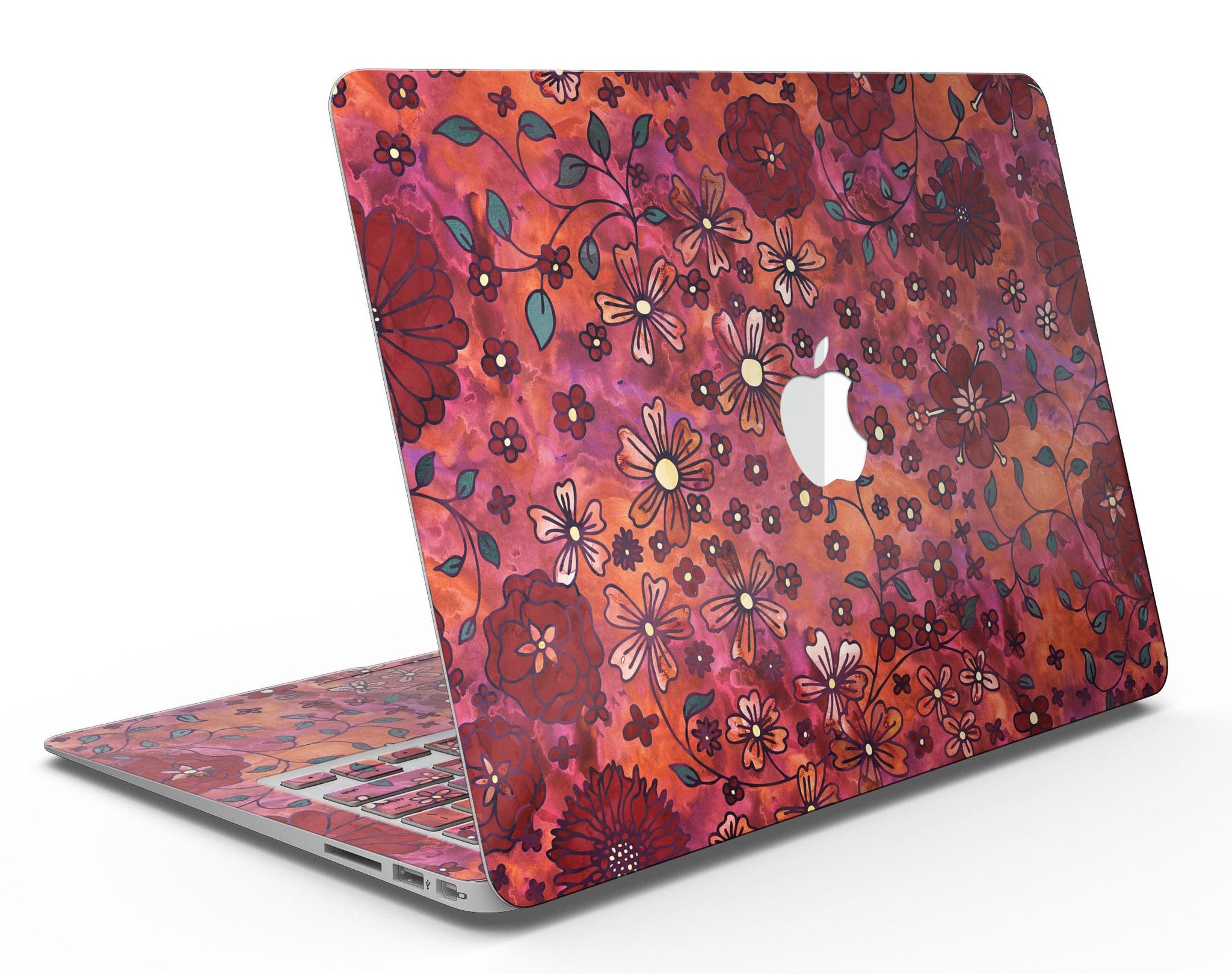 Floral Pattern on Red Watercolor MacBook Air Skin Kit showcasing vibrant floral designs on a red background.