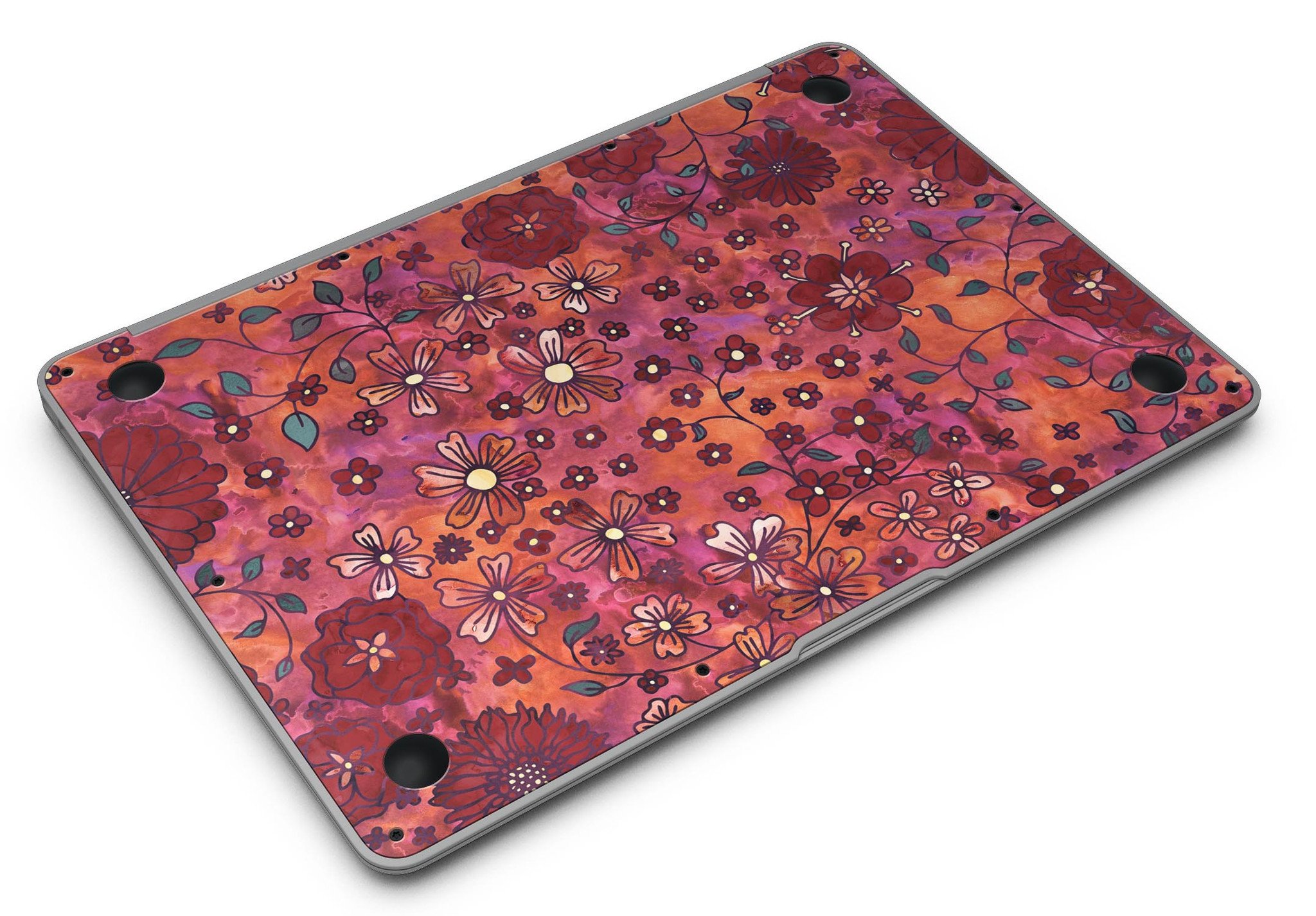 Floral Pattern on Red Watercolor MacBook Air Skin Kit showcasing vibrant floral designs on a red background.